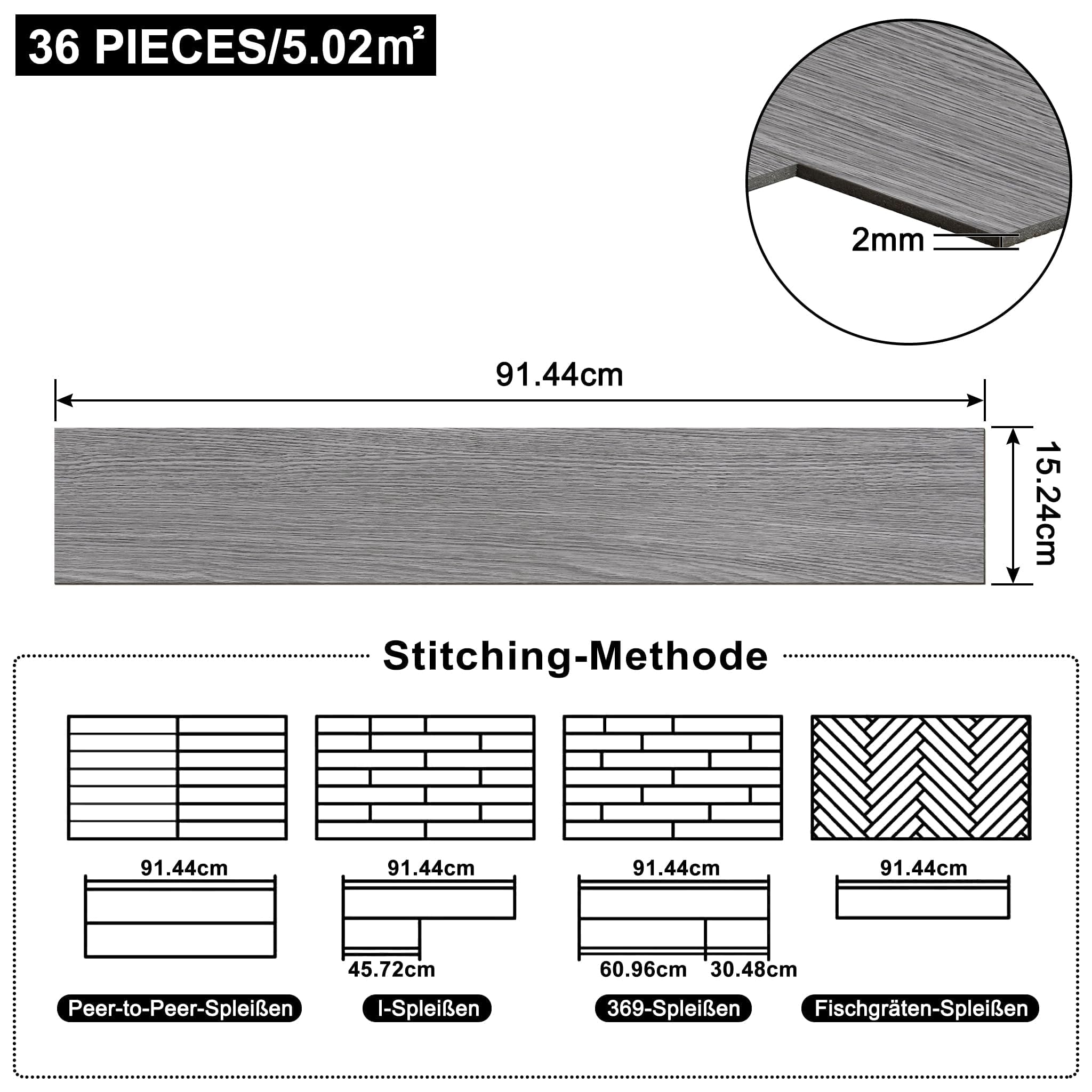 ACXIN Suelo de vinilo PVC, suelo adhesivo de vinilo autoadhesivo con clic, suelo laminado de vinilo, efecto madera (Gris, 5 m² (36 piezas))
