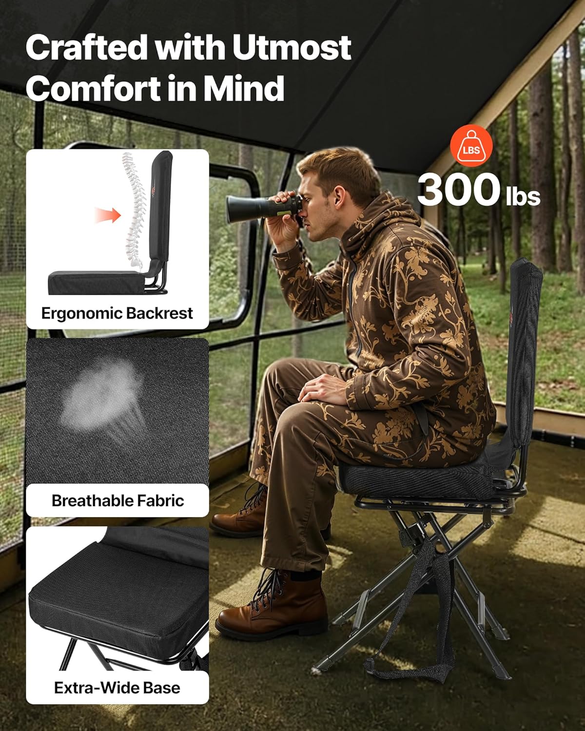 VEVOR Hunting Chair, 360° Silent Swivel, Foldable Lightweight Portable Blind Chair, Heavy-Duty Steel Frame Ground Stool Seat, with Adjustable Shoulder Strap, 300 Lbs Capacity for Fishing, Camping