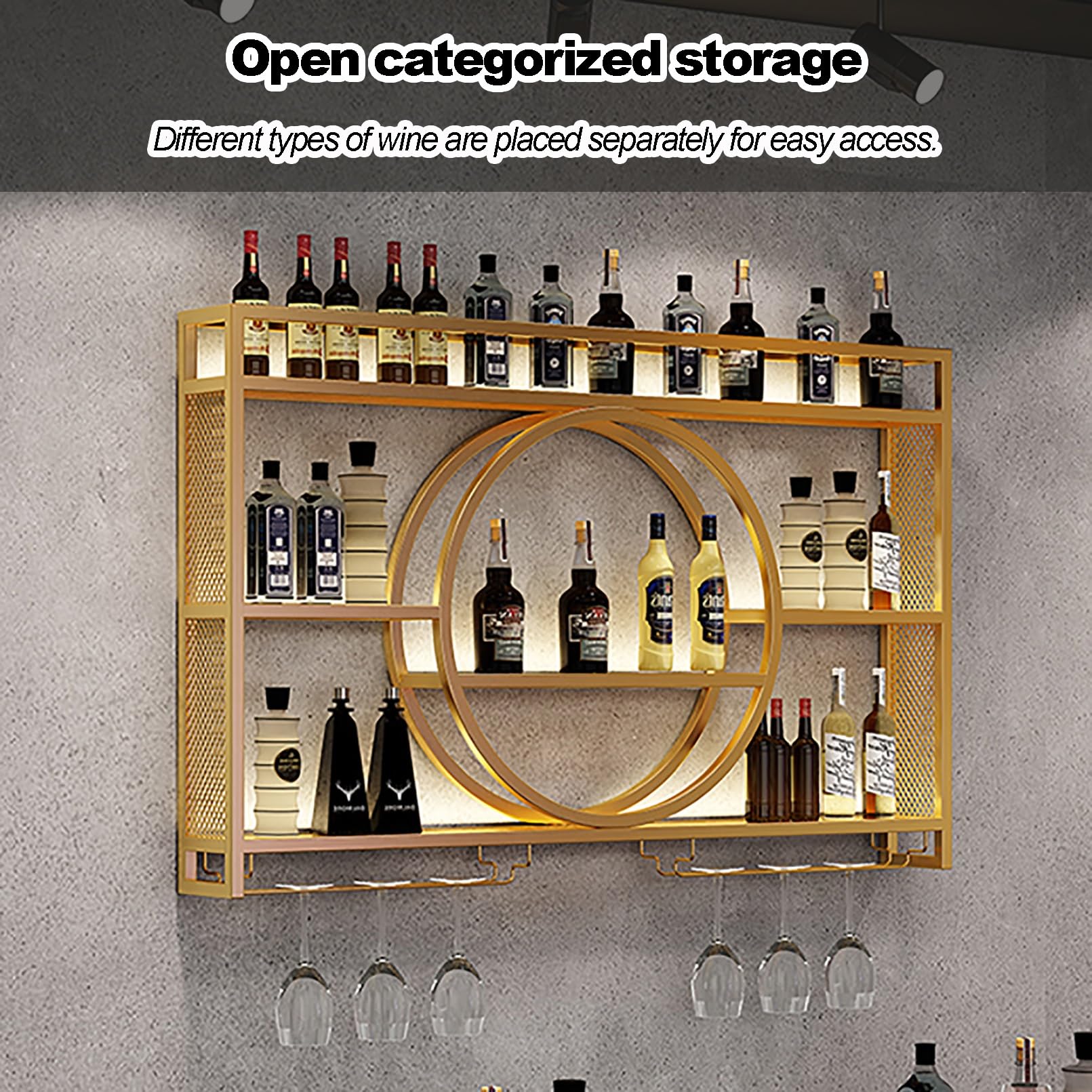 Moderno Estante de Vino montado en la Pared con estantes flotantes de luz led para Licor y Botellas de Vino Elegantes Barra de exhibición para Cocina Sala de Estar Café - Negro (160x15 cm)
