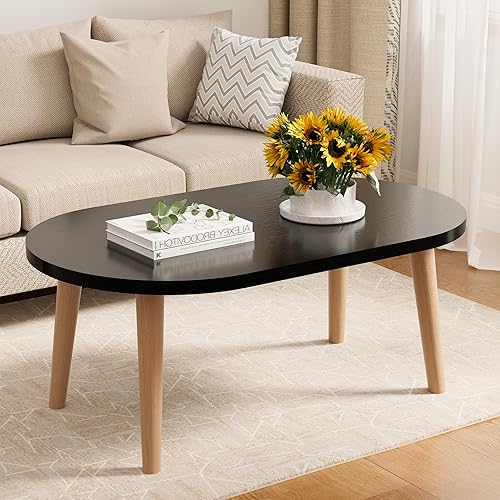 Miniatura 14 de Mesa auxiliar baja con patas de madera maciza, mesa auxiliar ovalada pequeña, mesa auxiliar para sentarse en el suelo, muebles de almacenamiento y