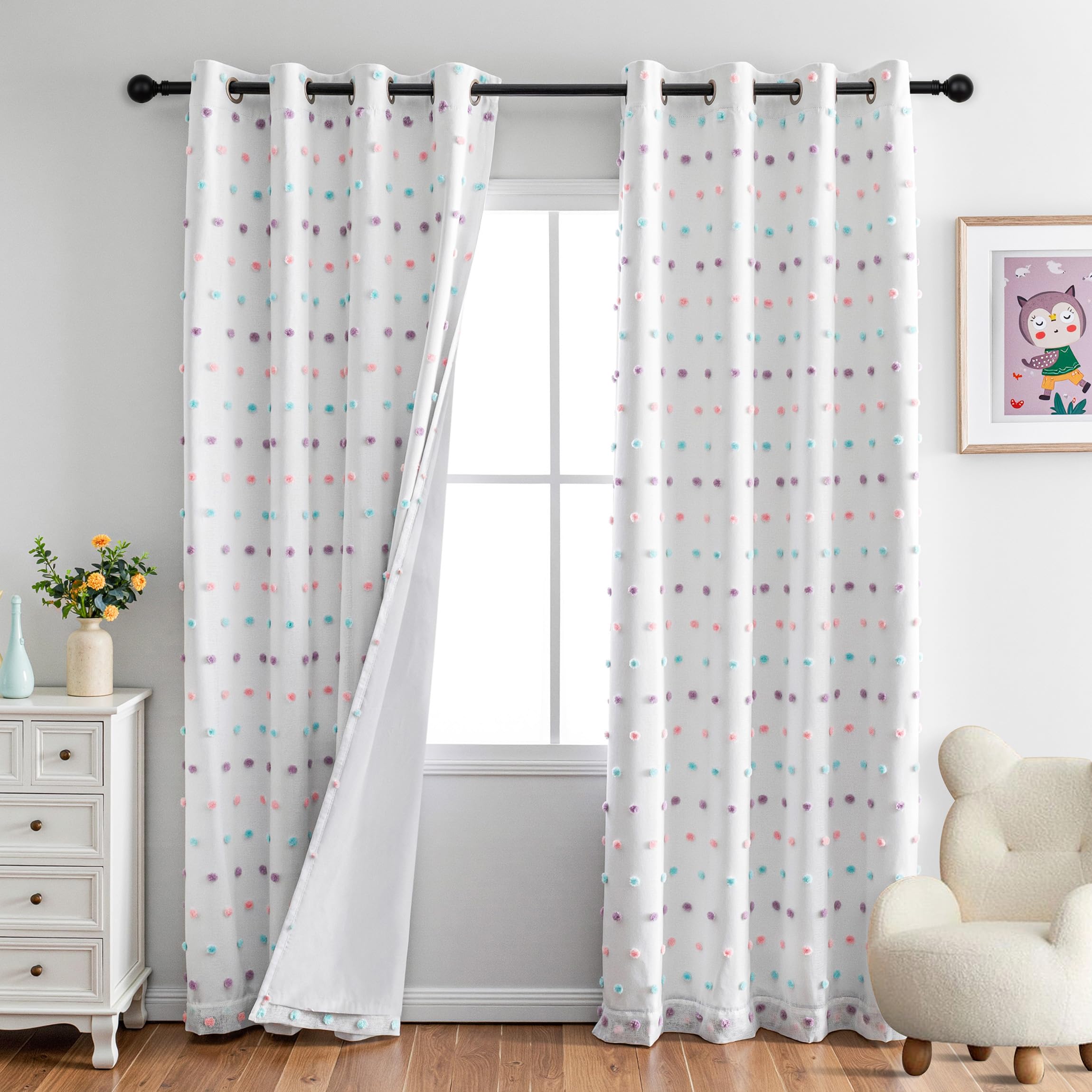 MYSKY HOME Vorhang Kinderzimmer Mädchen Verdunkelungsvorhang Farbige Pompons —— Blickdichte Vorhänge mit Voile Doppellagige Vorhänge Thermovorhang Kälteschutz 2er Set, H 225 x B 140 cm, Farbig