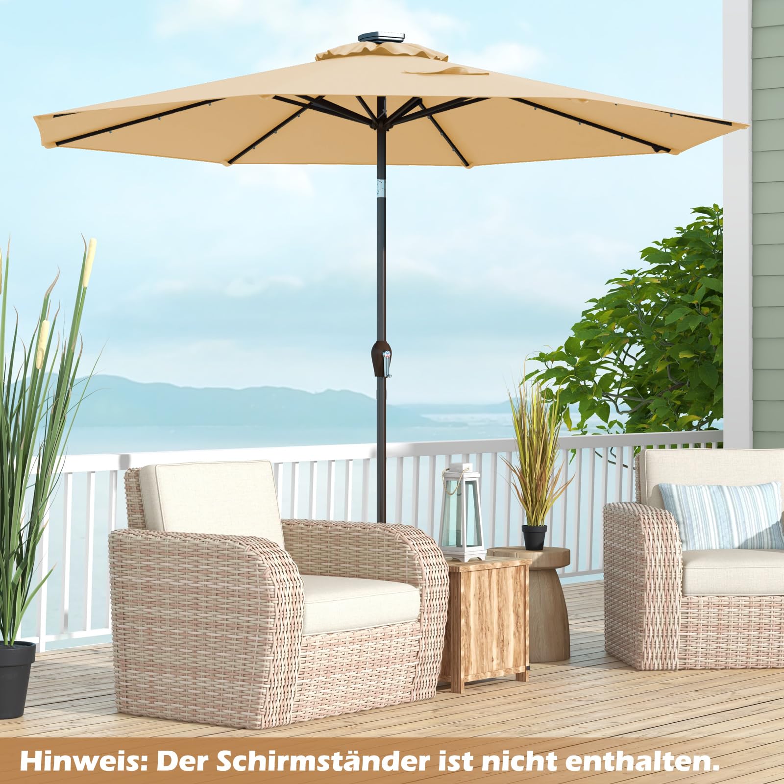 COSTWAY Sonnenschirm 300 cm mit LED-Solar-Beleuchtung, Gartenschirm mit Kurbel, beidseitig um 30° knickbar, Terrassenschirm mit 8 Rippen, Marktschirm für Garten, Balkon, Terrasse, Beige