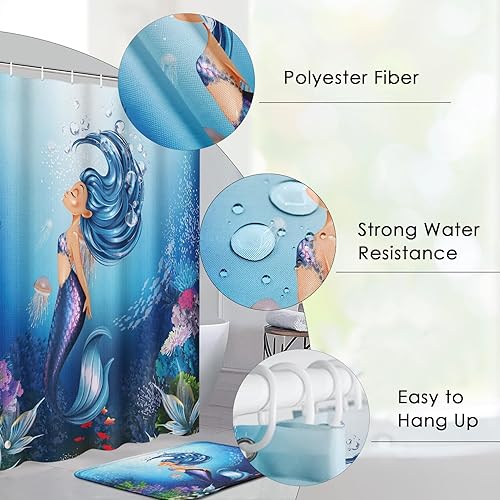 Miniatura 2 de Pamnest Juego de 4 cortinas de ducha, diseño de sirena para niños, impermeable, con alfombras antideslizantes, tapa de inodoro y tapete de baño, 12