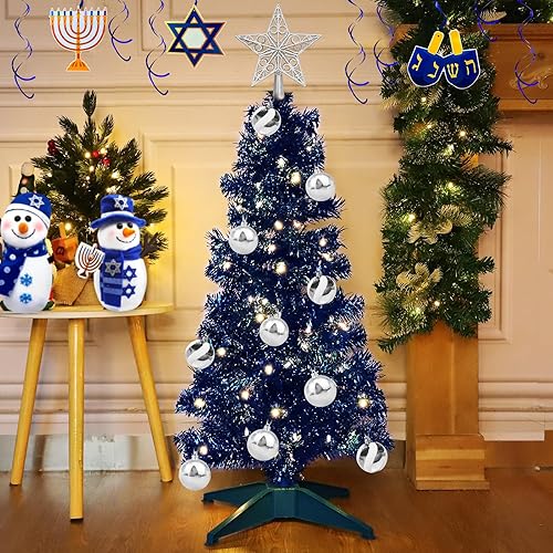 Miniatura 10 de Temporizador y 8 modos Árbol de Navidad de 3 pies con 50 luces cálidas, 15 adornos de bola con control remoto de estrella 3D, funciona con pilas,