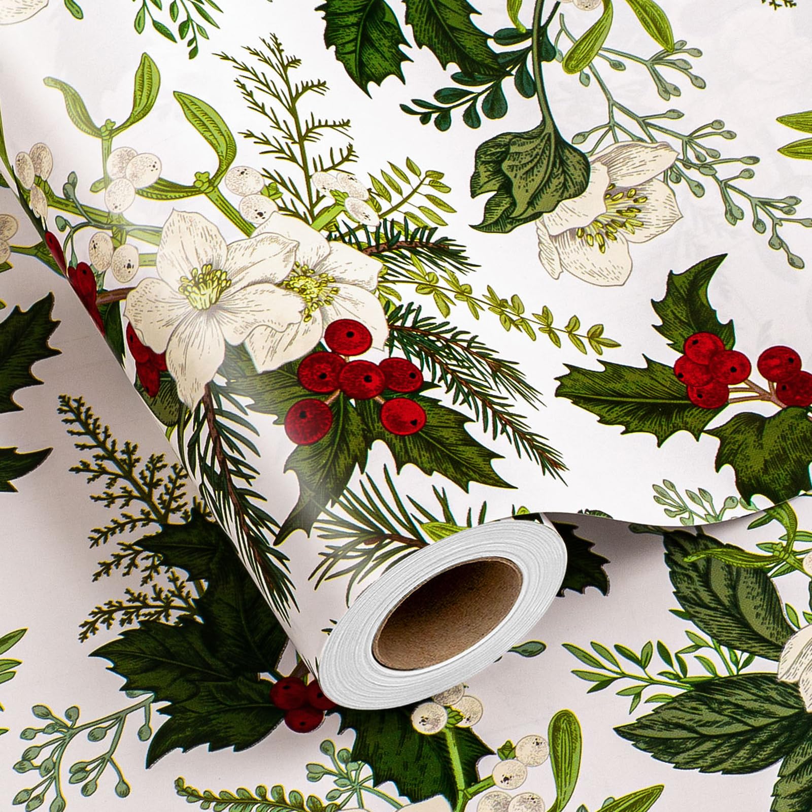 Merture Rollo de papel de regalo de Navidad, 17 pulgadas x 32.8 pies (46.5 pies cuadrados) Elegante papel de regalo de Navidad con diseño de bayas de acuarela y flores para Navidad, cumpleaños, día de