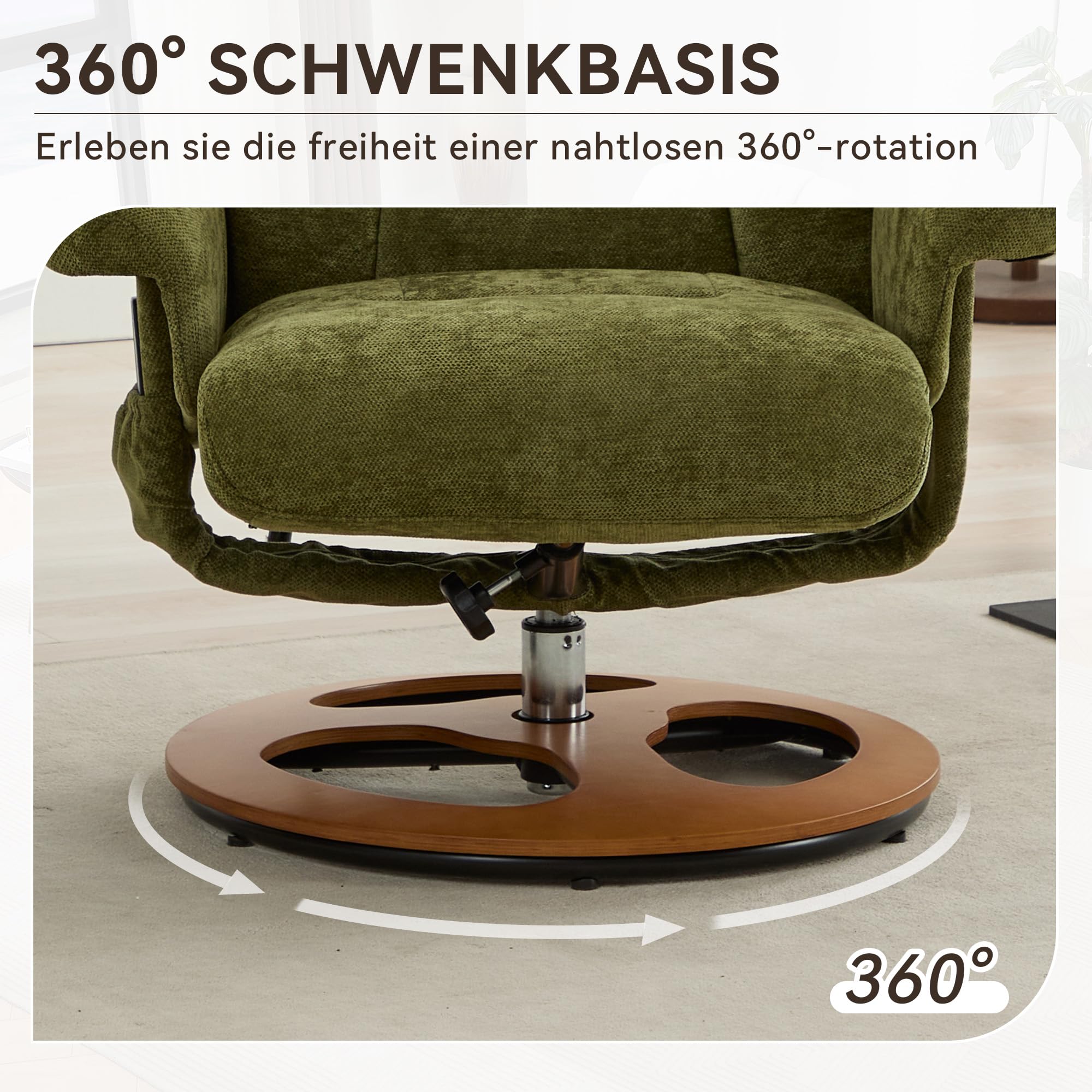 LAKFEW Sillon Relax Reclinable Electrico con Reposapiés, Sillon Relax Girar 360° con Masaje y Función de Calefacción, Sillón Reclinable Butaca Sillones para el Salón, Chenilla, 81x126x111 cm, Verde