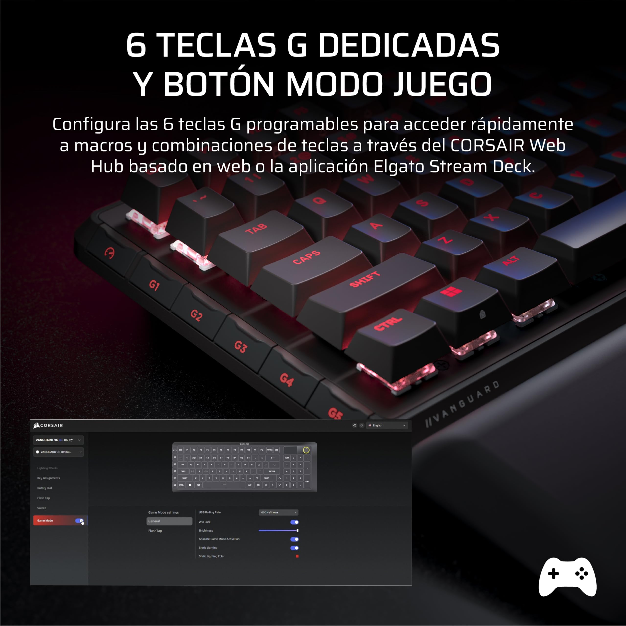 Corsair Vanguard 96 Wireless Mecánico RGB Teclado Gaming – Negro | QWERTY Español, Formato 96%, Switches MLX Hot-Swap, Hyper-Polling 8000Hz, Integración Stream Deck, FlashTap SOCD