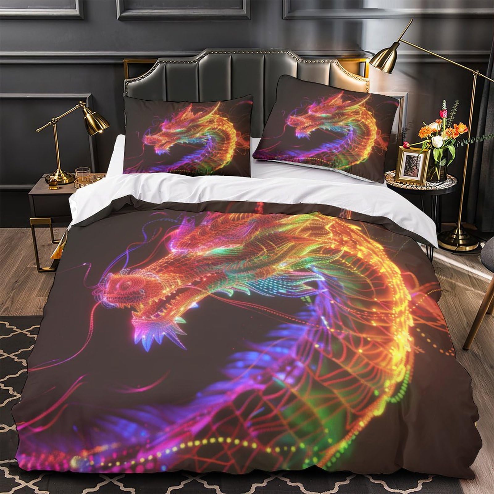 Stampato in 3D Loong cinese Copertina Stampata Microfibra Disegnata Biancheria Da Letto Con Chiusura A Cerniera Con 2 Federe,Double（200x200cm）, Per Ragazzi Adulti