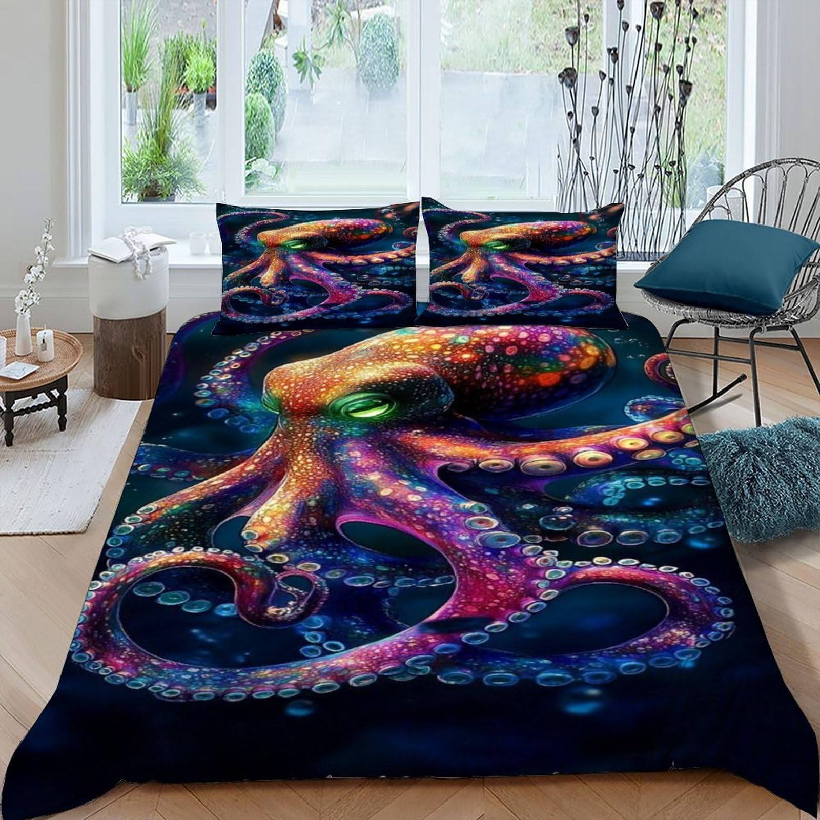 Octopus Bubbles Bedding Set Theme Bedspread Animal Theme Wildlife Marine Animal Duvet Cover Set Microfiber Quilt Cover Universal for All Seasons with Pillowcase King（220x240cm）