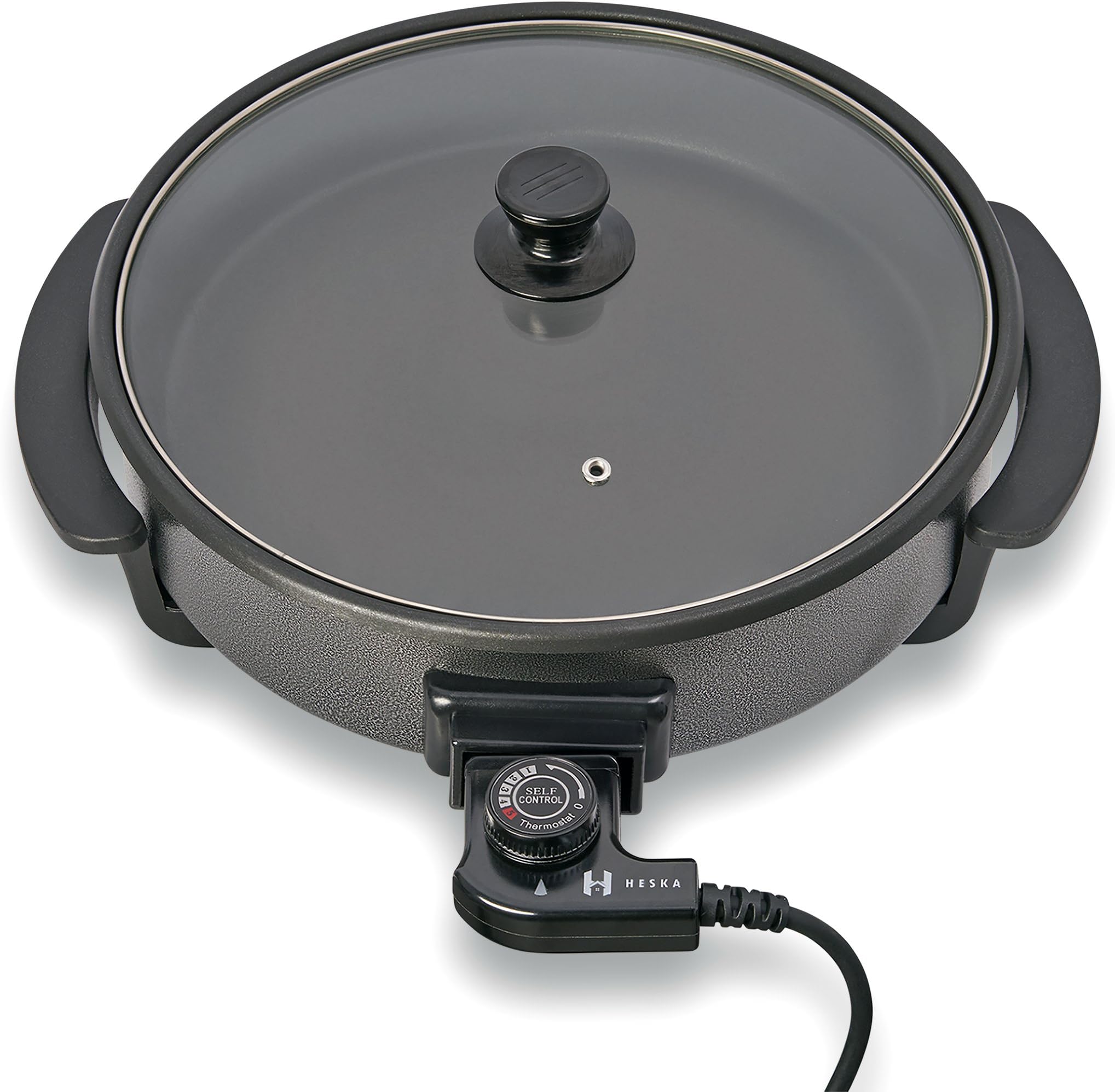 Heska - Round Cooking Electric Pan - Frying Pan - Multifunctional Skillet - Multi Cooker Non-Stick Surface 30cm Diameter 1500W with Glass Lid and Cool Touch Handles