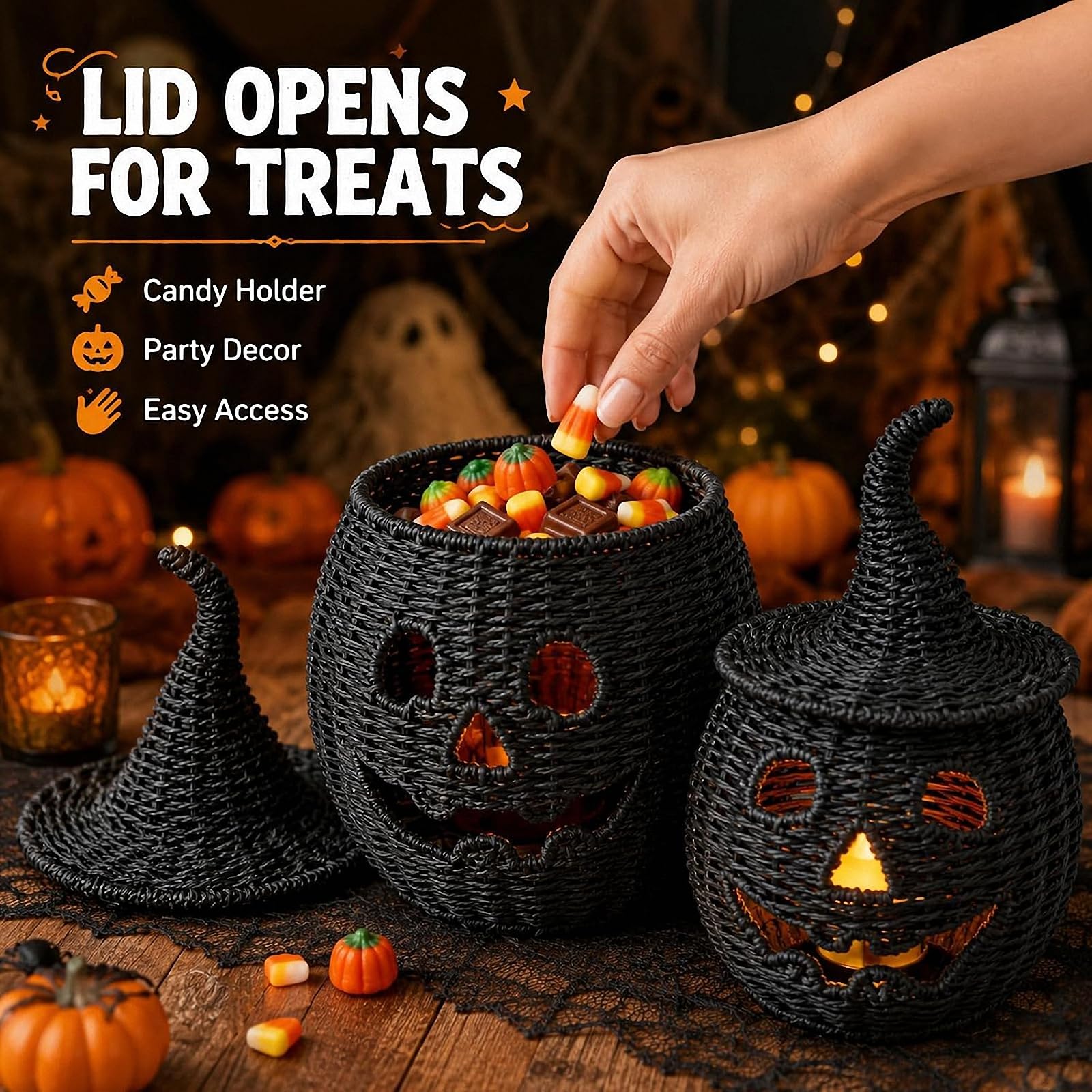 Linterna de calabaza de mimbre para Halloween, decoración tejida a mano, l