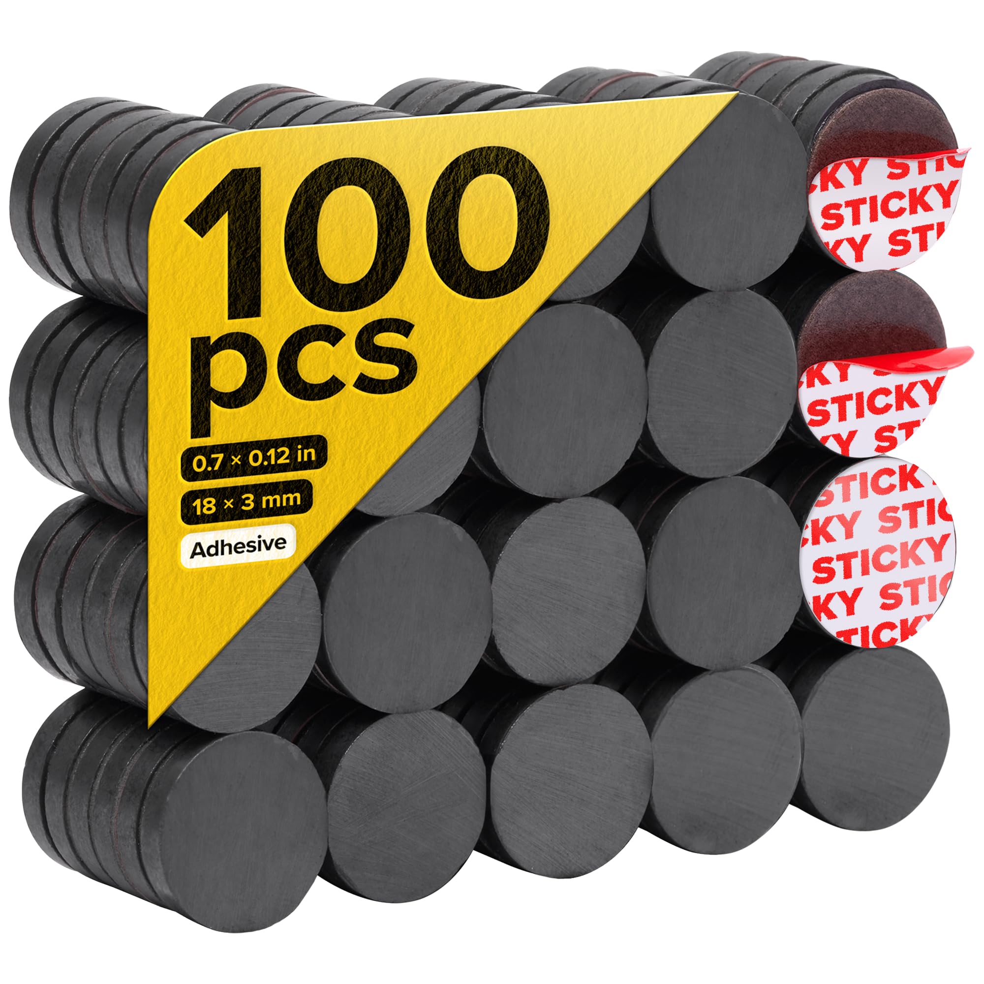 Strong Ceramic Round Magnets With Adhesive Backing (0.7x0.12"/18x3mm, 100 pcs) - Heavy Duty Sticky Magnets, Non-Corrosive, Versatile For Home, Office, Workshop, Whiteboard, Fridge And Hobby Use