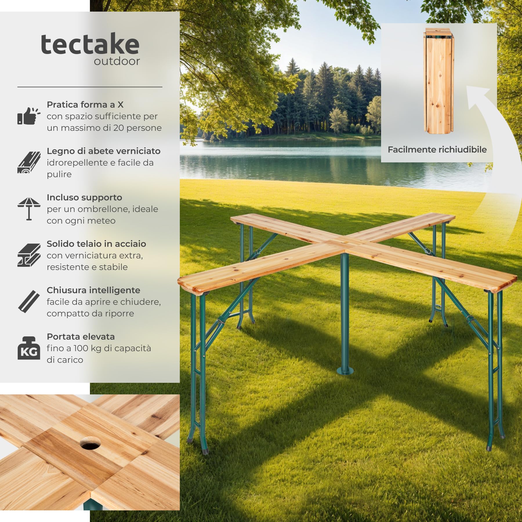tectake® Set da Birreria con 4 Piani, Tavolo Pieghevole da Esterno, Ideale per Bar, Giardino, Balcone, Resistente alle Intemperie, Supporto per Ombrellone Incluso - 241 x 241 x 103 cm