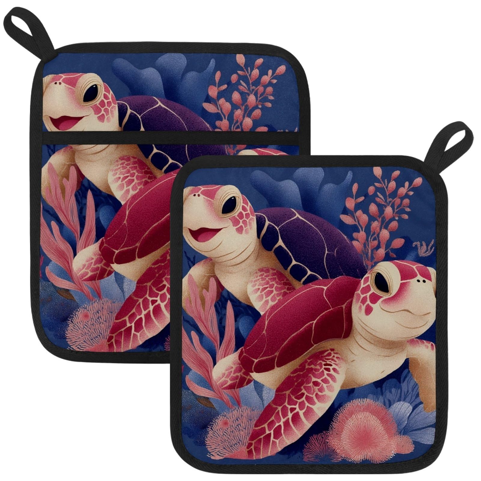 VAPOKF Cartoon Turtle Pot Holders with Pocket for Kitchen Heat Resistant Potholders Large Polyester-Cotton Square Oven Mitts Set