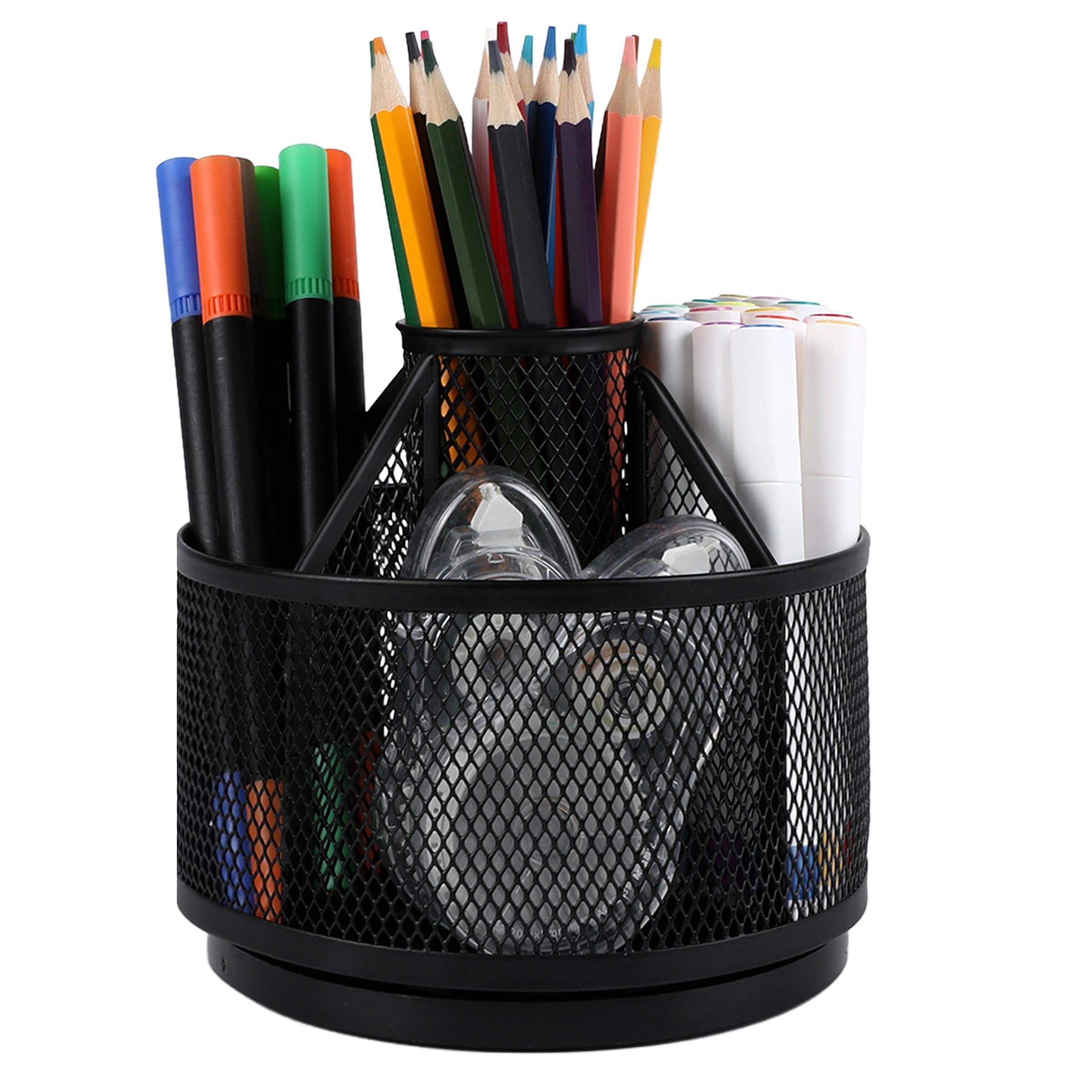 LUKDNEEY 360 Rotating Pen Holder, Metal Pencil Cup with 5 Compartment