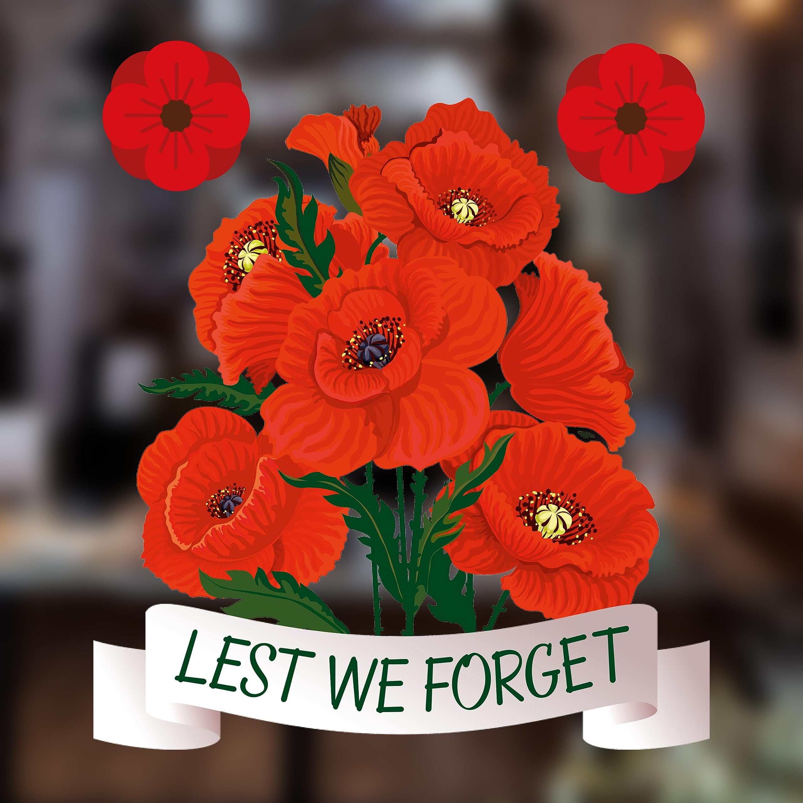 Stickers4 Medium Lest We Forget Window with 2 Extra Poppies - Remembrance Day Window - Poppy Window for Glass - Remembrance Day Decorations