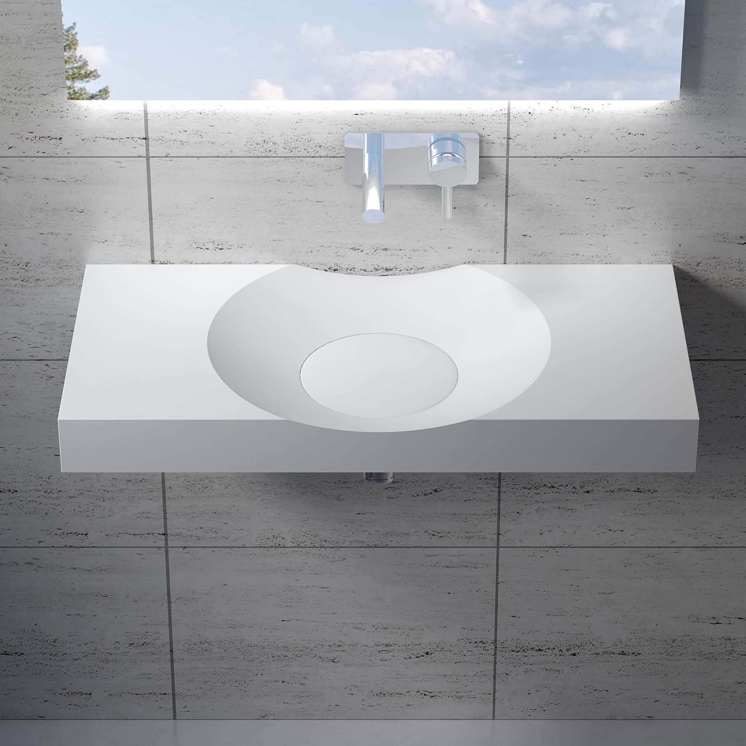 ADM Circular Wall Mounted Countertop Stone Resin Sink, Matte White, 39