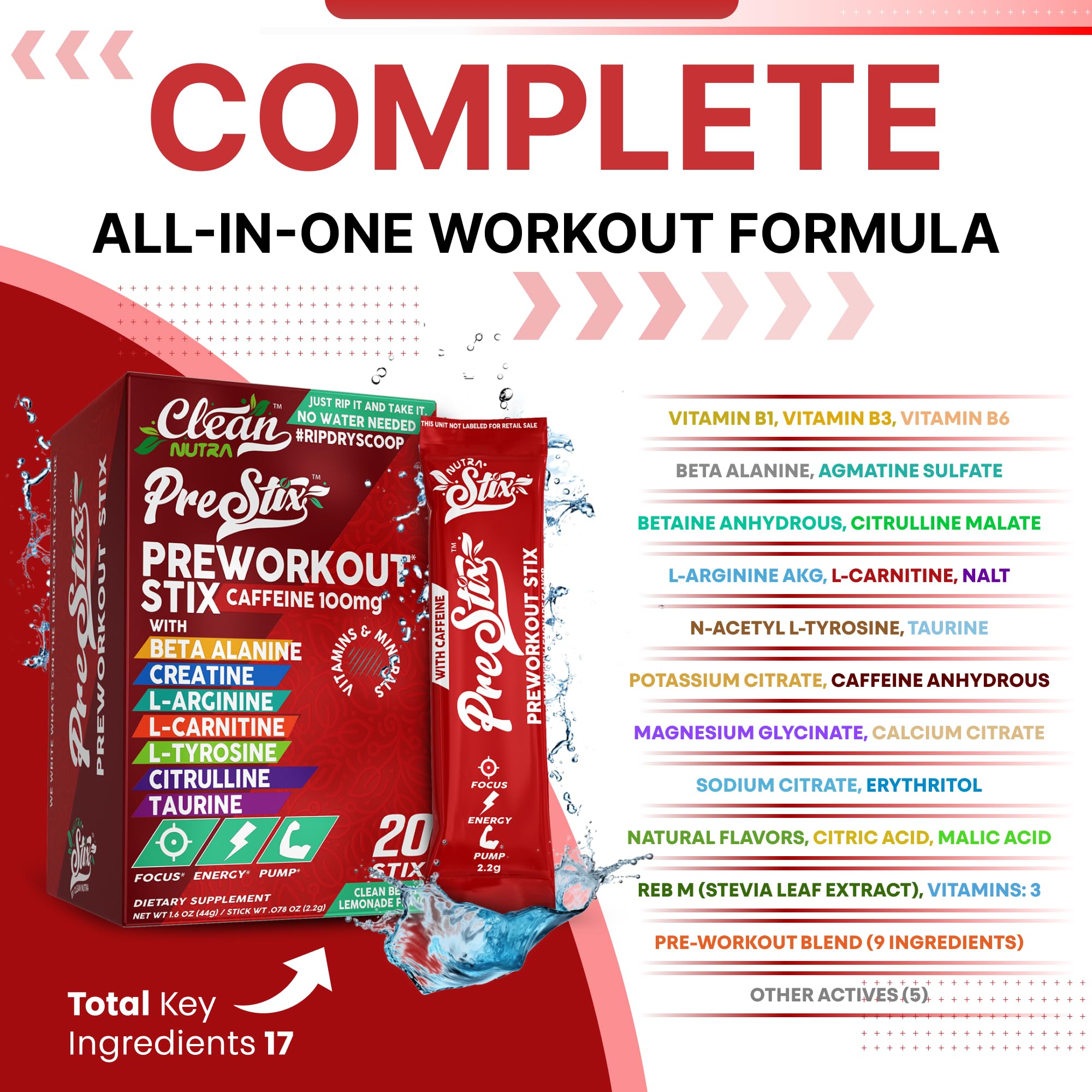 Amazon.com: Clean Nutraceuticals Pre Workout Powder Energy Sticks -  Caffeine 100mg, Energy Drink Mix, Creatine Monohydrate, Beta Alanine, L-Citrulline,  L-Tyrosine, L-Carnitine, Electrolyte Hydration Packets 20 Ct : Health &  Household