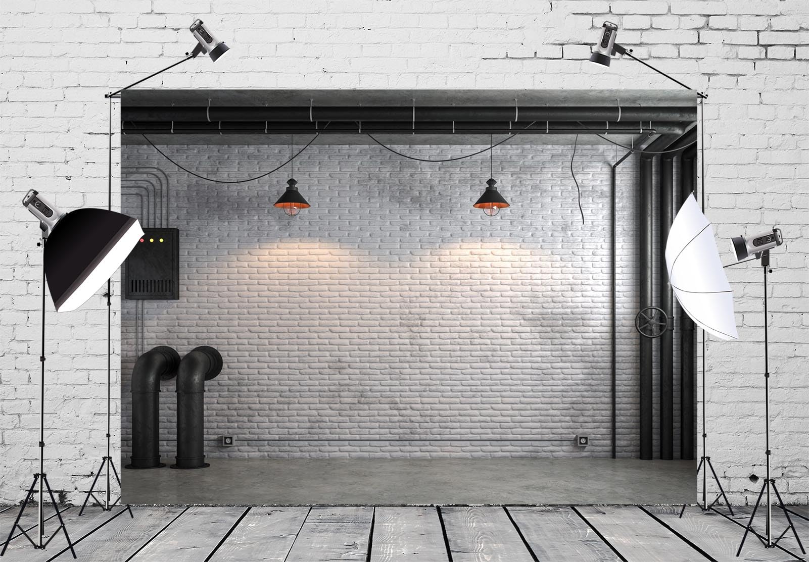 BELECO 10x8ft Fabric Living Room Backdrop for Video Conference, Industrial Loft Style Empty Room with White Brick Wall Background for Office Zoom