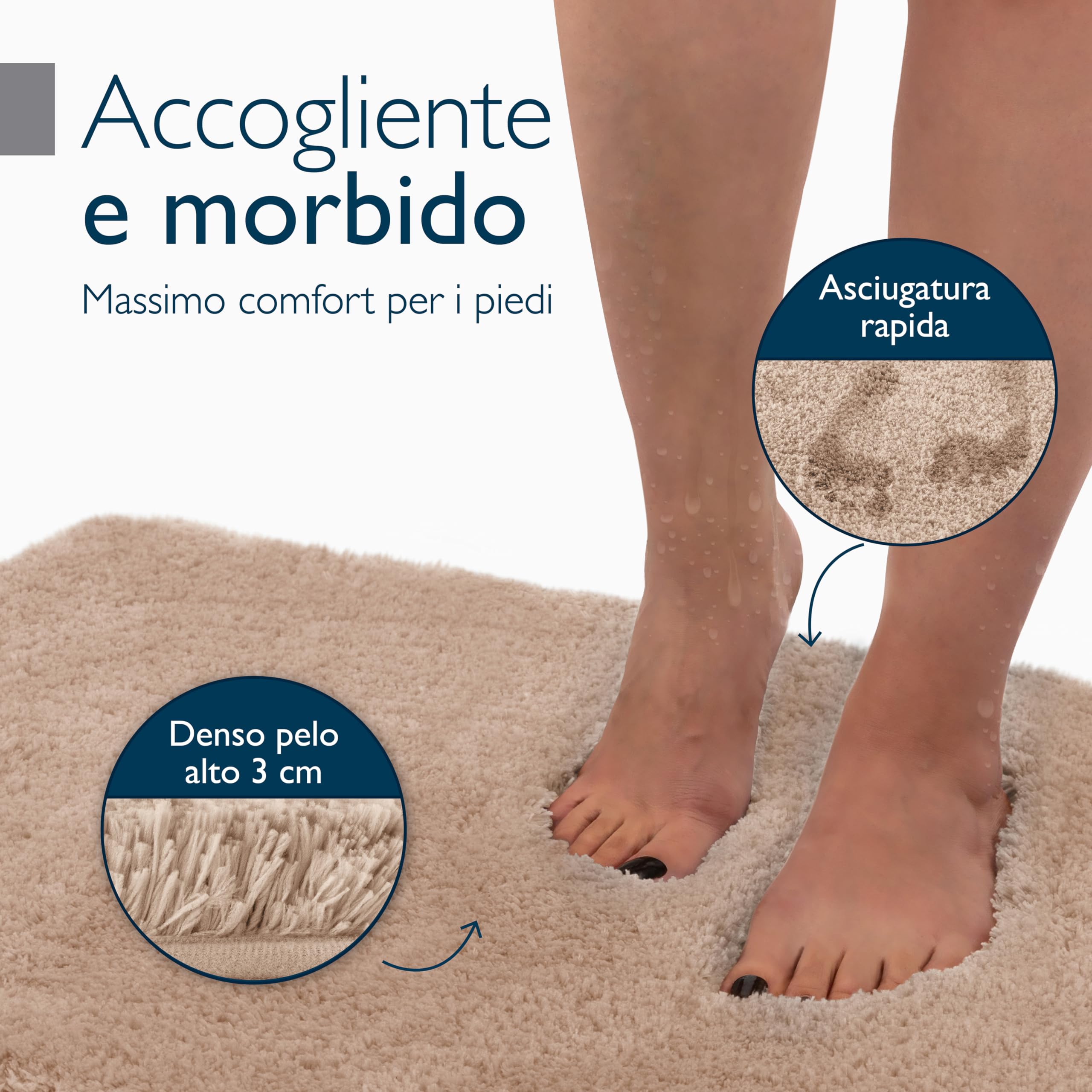 Beautissu Tappetino da bagno antiscivolo in pelo alto per doccia vasca e WC | 120x70cm beige morbido in microfibra anche per pavimenti riscaldati ottica shaggy Tappeto lavabile scendidoccia BeauMare FL