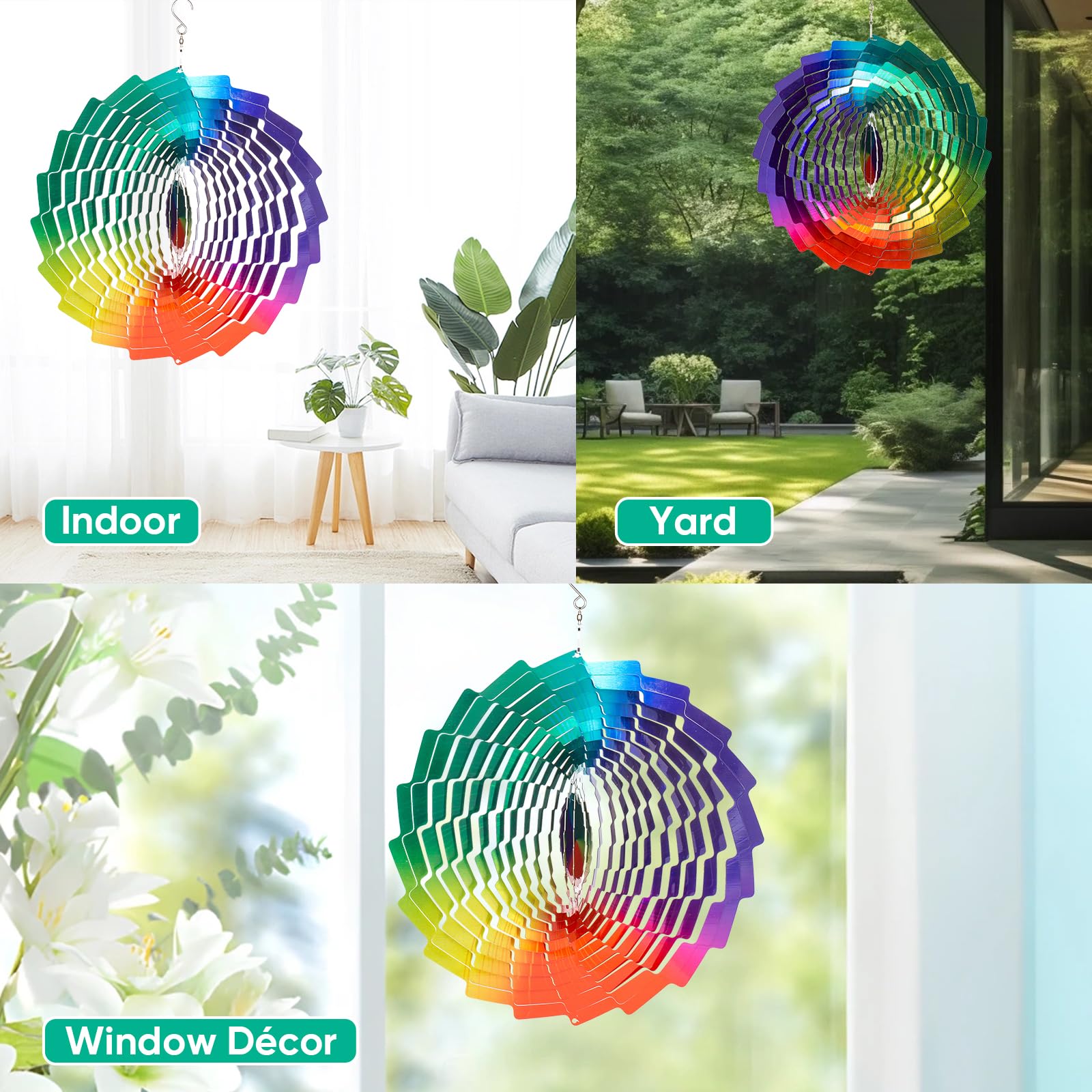 Girandole a vento arcobaleno da appendere, in metallo, decorazione artistica da giardino, 30,5 cm, in acciaio inox, decorazione per esterni, patio, prato e cortile