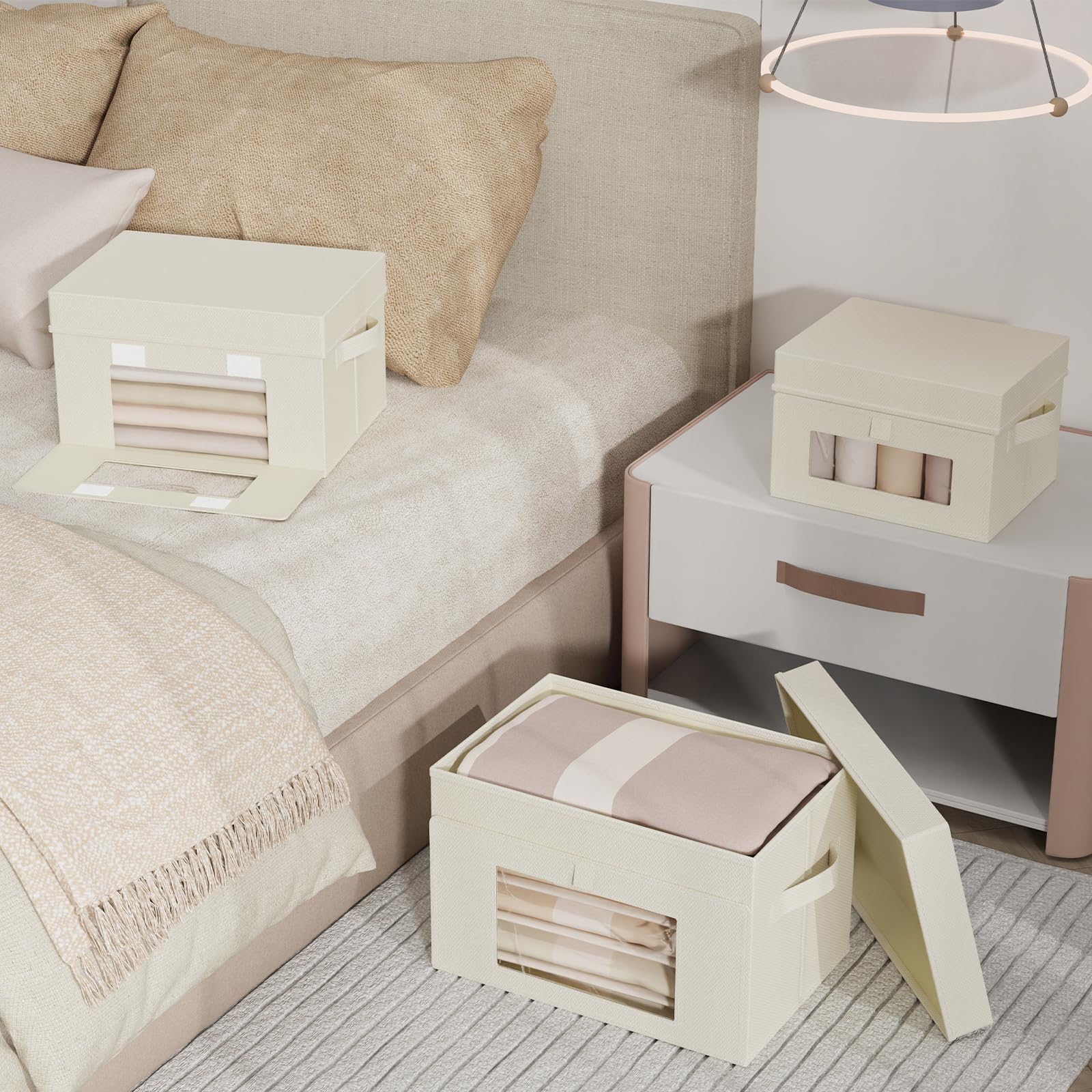 2 Scatole Portaoggetti Finestra Trasparente, 38x25x25 cm, Beige | Organizzatori Capienti per Armadio in Tessuto con Coperchio, Pieghevoli Unità Di Organizzazione, Contenitori per Vestiti