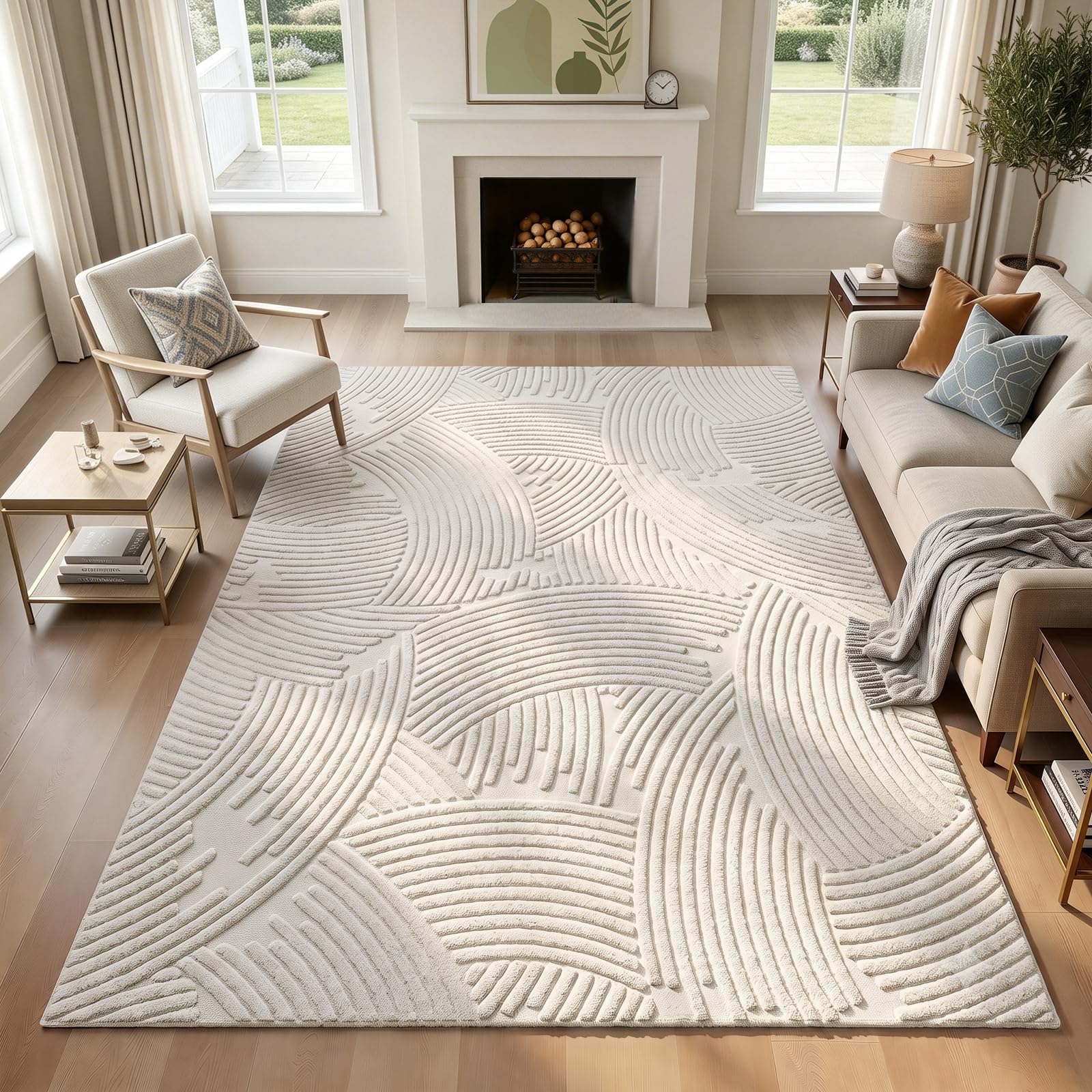Waschbarer Teppich 160x230 cm für Wohnzimmer, Beige weich flauschig mit Rutschfester Unterseite, kurzflor Design für Schlafzimmer Esszimmer Büro