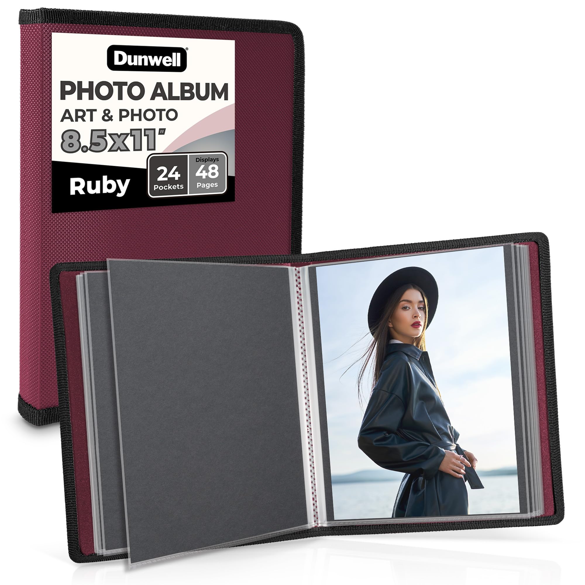 Dunwell 8.5x11 Art Portfolio Folder,(Ruby), Flexible Cover Folder with Plastic Sleeves, 24 Pages Displays 48 Pages, Presentation Binder with 8.5x11 Sheet Protectors, Archival Quality Acid-Free Poly