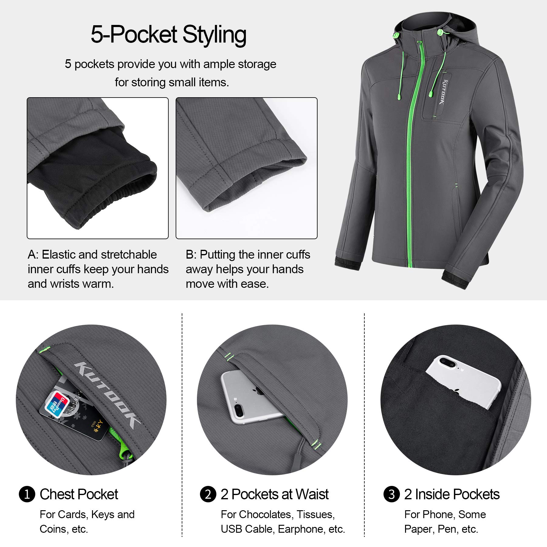 KUTOOK - Chaqueta de forro polar para mujer, resistente al viento, para senderismo, correr, con capucha para deportes al aire libre - Gris - XX-Large