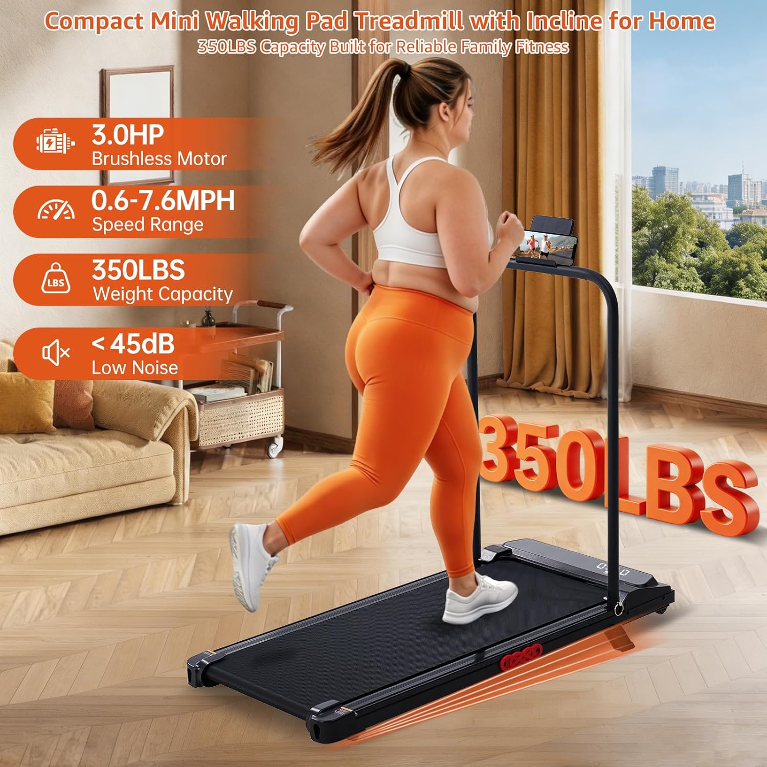 Walking Pad Treadmill with Handle Bar, 3.0HP Portable Electric Treadmills for Exercising, 0.6-7.6MPH Mini Walking Pad Treadmill with Incline, Under Desk Treadmills for Home Small, 350LBS image 5