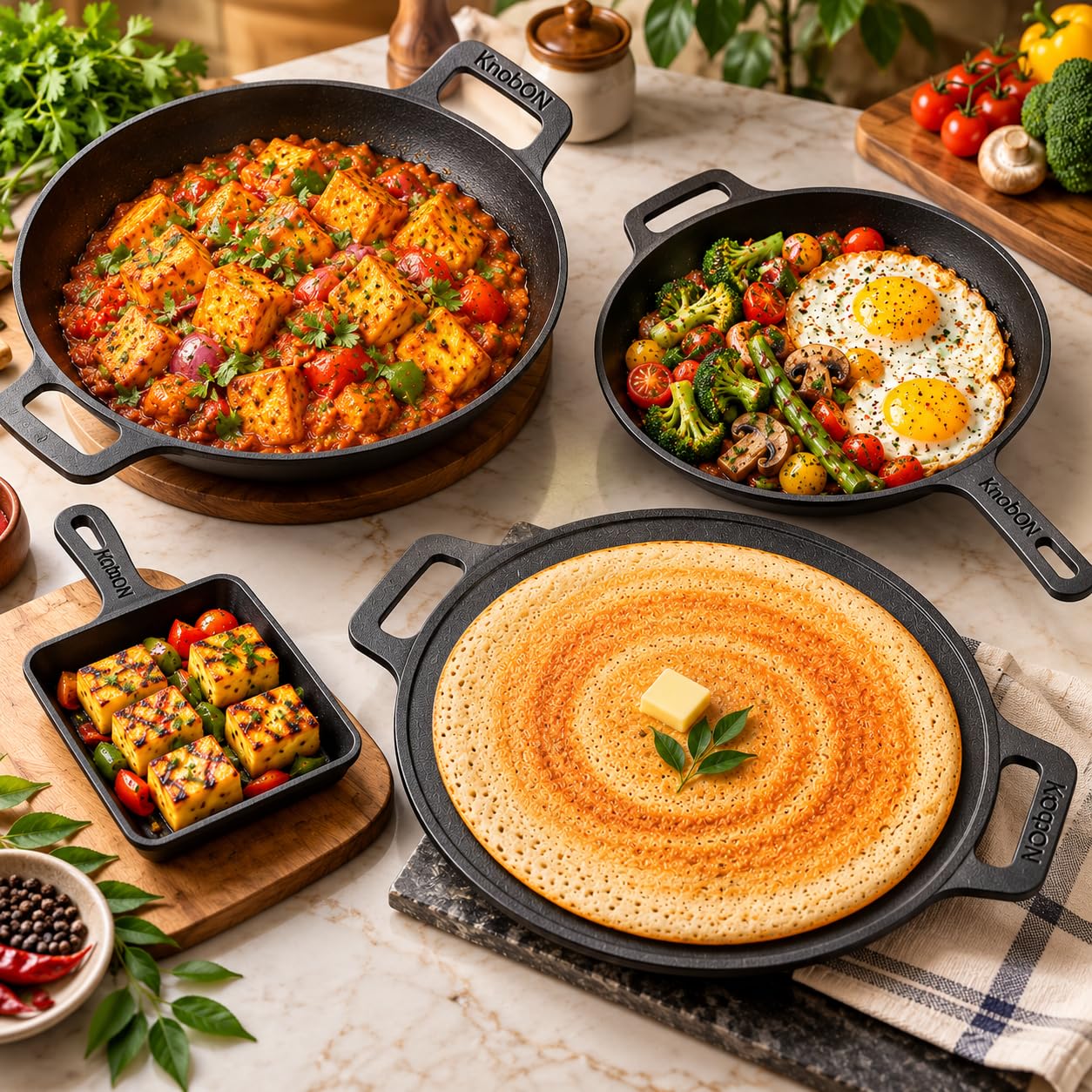 KNOBON Cast Iron Cookware Set - Dosa Tawa & More -1 KNOBON Cast Iron Cookware Set - Dosa Tawa & More -1