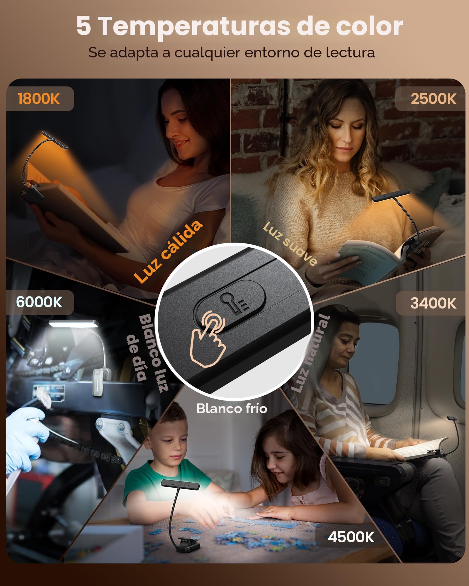 Glocusent 26 LED Luz de Lectura, Lámpara de Lectura USB-C Recargable de 360° Flexible con 5 Colores de Luz & 5 Brillos, Protección Ocular Lampara Libro con Modo Memoria para leer en la cama (Negro)