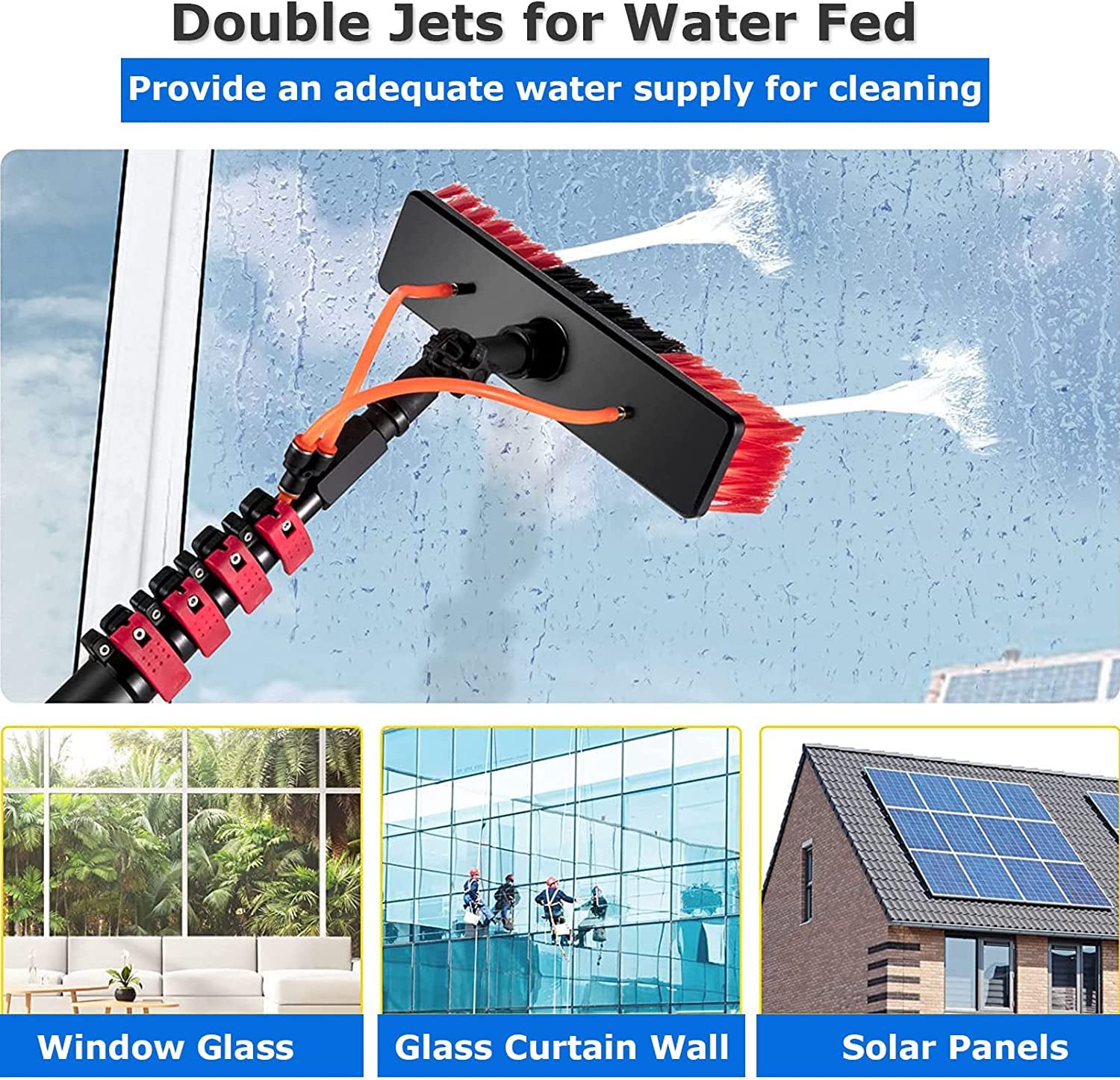 Kit de poste de alimentación de agua de 39 pies, cepillo ligero de limpieza de ventanas y limpiador de paneles solares para exteriores con arandela pulverizadora, ideal para uso doméstico y