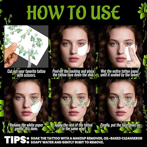 Cerlaza Halloween Decorations, Leaf Face Paint Temporary Tattoos+Green White Face Gems Jewels, Glitter Leaf Halloween Makeup Kit Costumes Rave Party Favors, Festival Cosplay Outfits Accessories