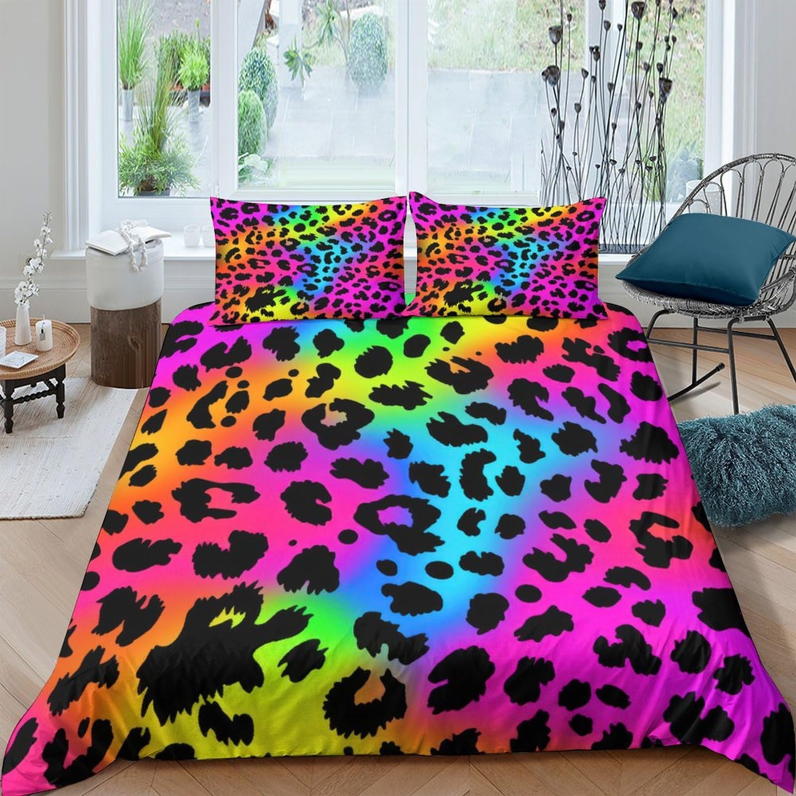 GPLZQXKJNH 3D Printed Rainbow Leopard Duvet Cover Set Microfiber Soft Breathable Multicolour Animal Print Bedding with 2 Pillowcases for Bedroom Home Single（135x200cm）