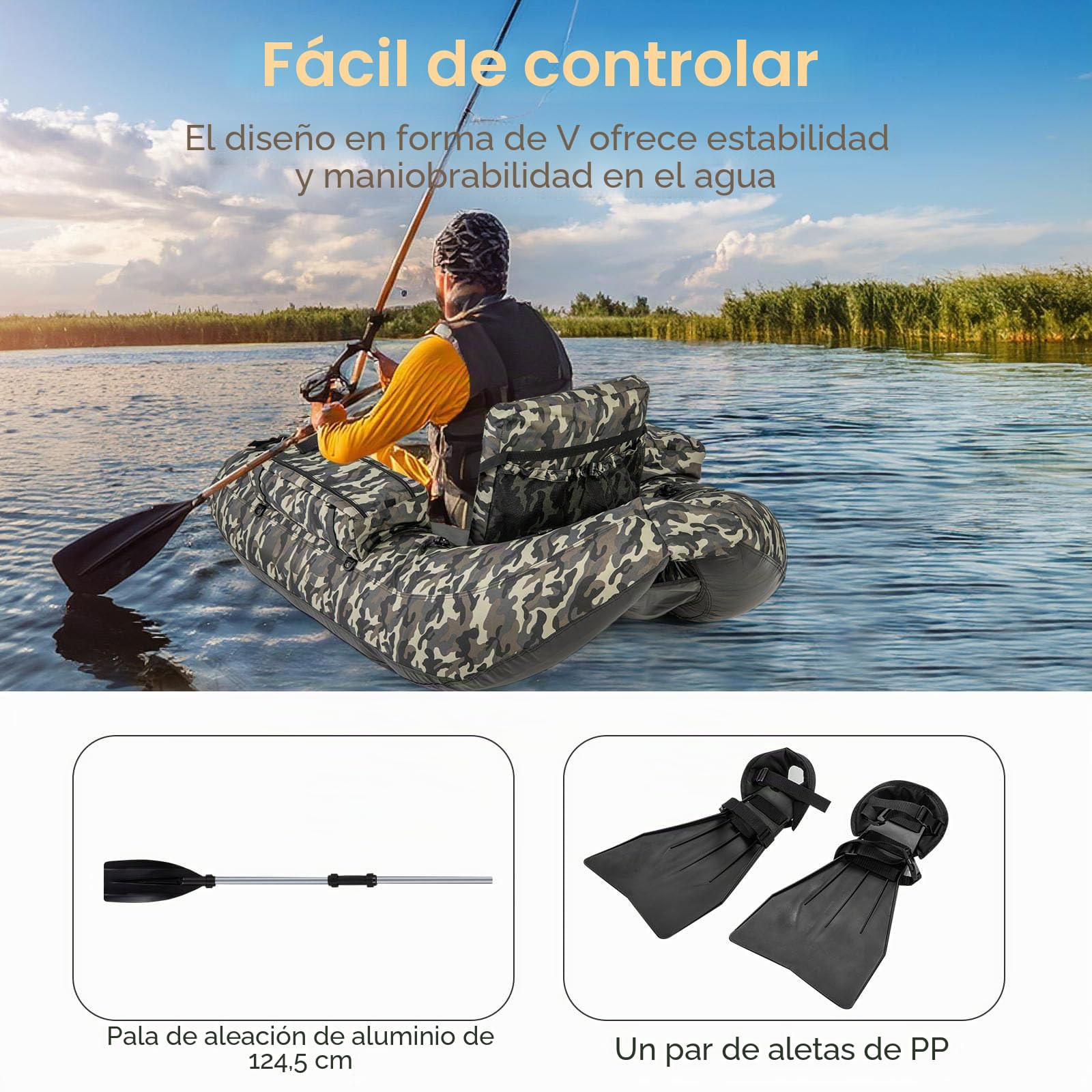 GOPLUS Barco de Pesca Inflable, Barca Hinchable con Correas y Respaldo Ajustables, Bomba Manual, Remo, Aletas, Soporte para Caña de Pescar, Regla de Pescado, Almacenamiento, Carga 150 kg, Camuflaje