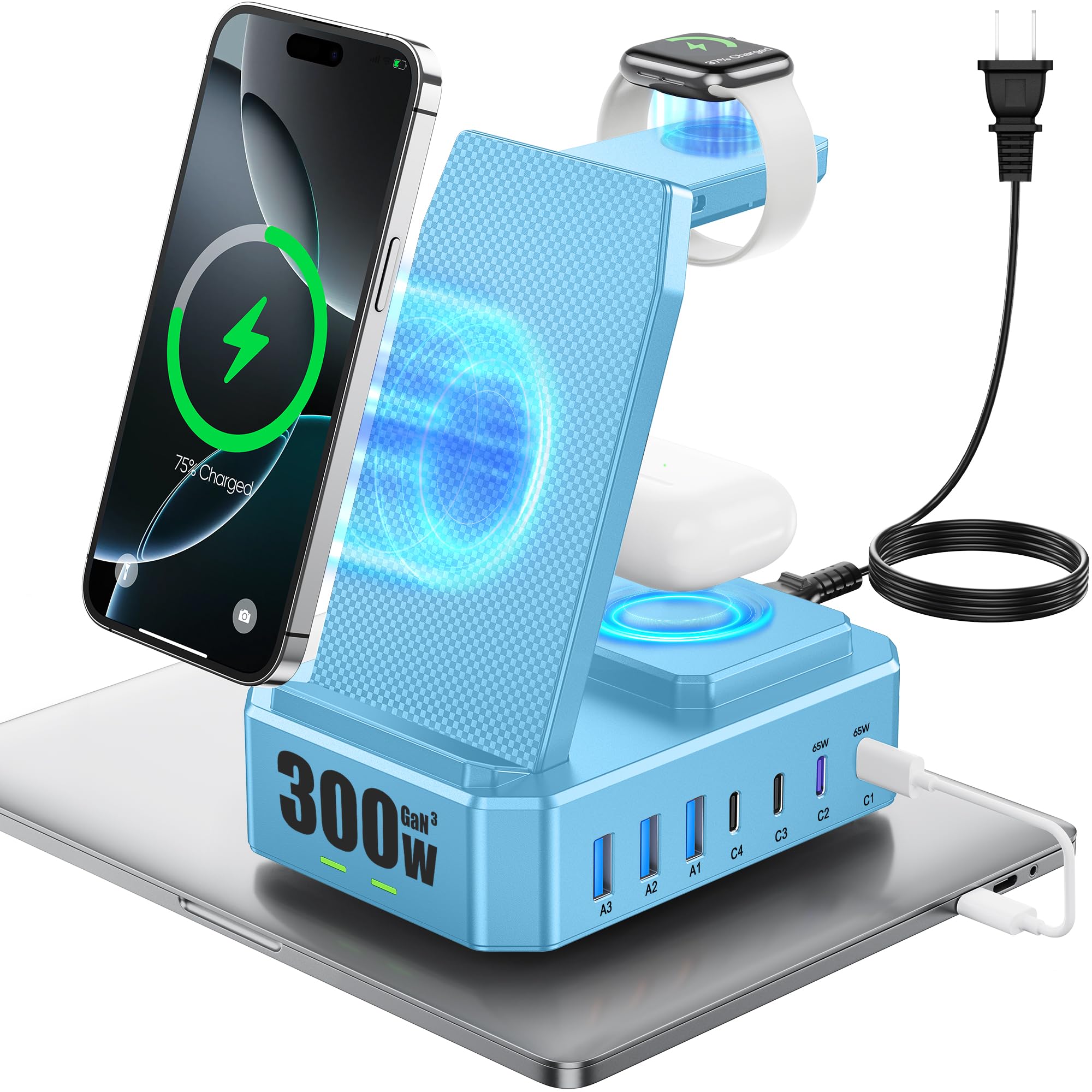Estación de carga de 300 W para múltiples dispositivos Apple, zutspzss Cargador inalámbrico 10 en 1 para iPhone 16, GaN III USB C 65W PD Base de carga rápida para Apple Watch y Airpods, azul