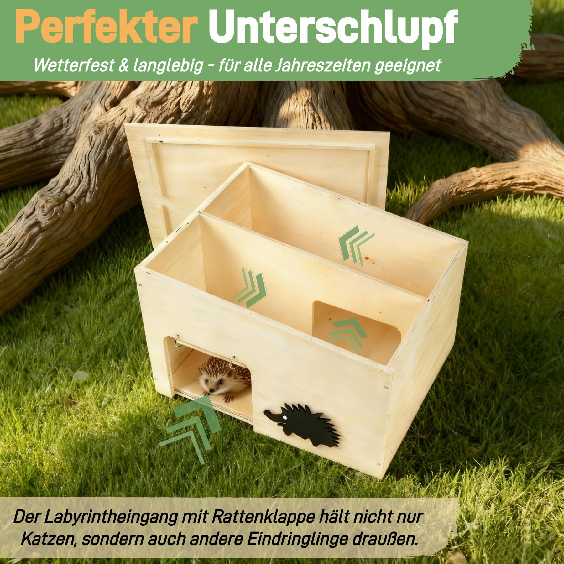 Igelhaus Holz Groß mit Rattenklappe, Boden und Labyrintheingang | Igelhotel für Kleintiere zum Winterschlafen, Nisten und Sommerunterschlupf, Winterfest und Robust, Bausatz Set