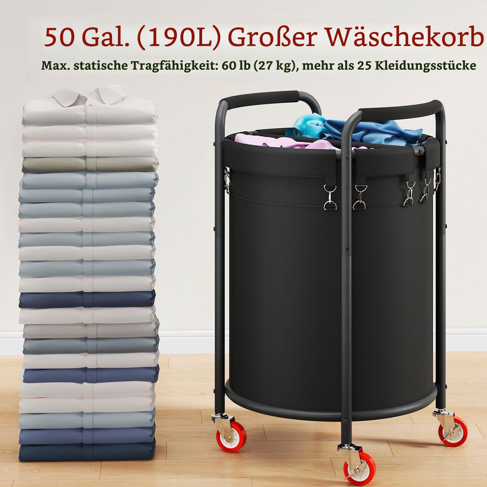 FAVOOSTY Wäschekorb mit Rollen, 190L Wäschewagen 2 Fächern, Wäschekorb Groß, Runder Wäschesammler mit Griff, Stahlrahmen und Abnehmbarem Beutel zur Kleideraufbewahrung