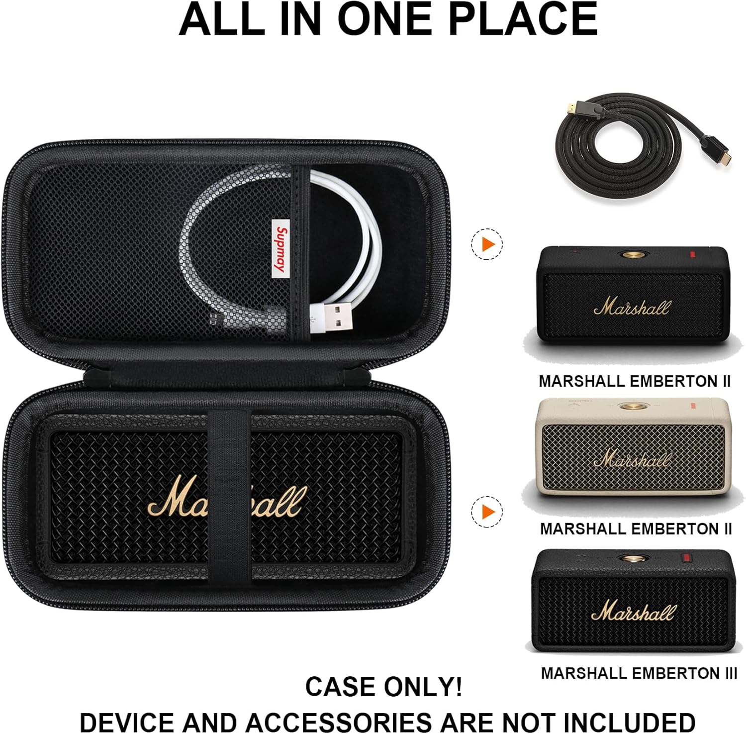Hard Carrying Case for Marshall Emberton II/III Portable Bluetooth Speaker, Wireless Speaker Protection Case with Mesh Pocket for USB-C Charging Cable, Black - Image 2