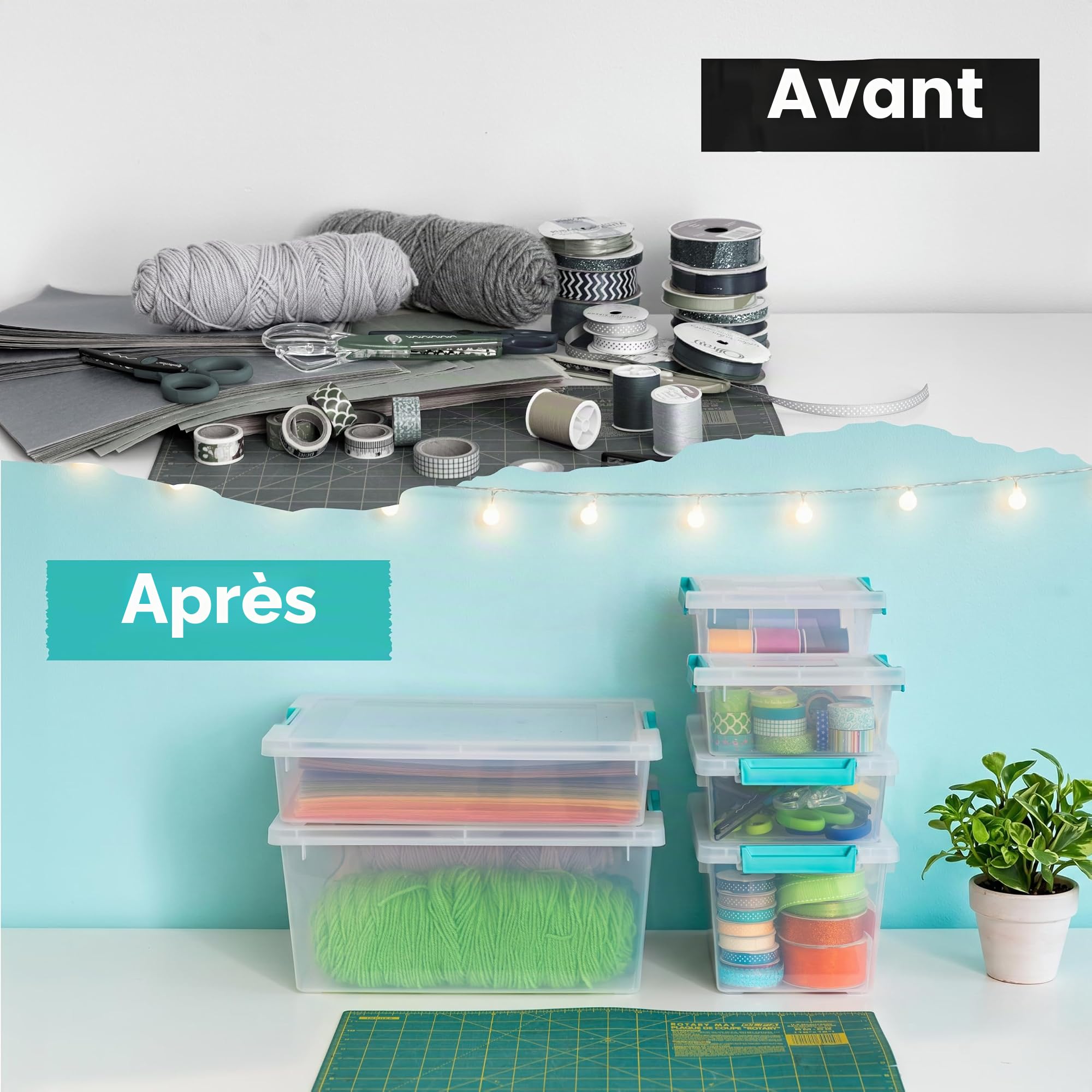 IRIS USA Lot de 4 bacs avec couvercles, boîte à clip, organisation et récipient de rangement pour bureau, école, enfants, salle d'artisanat, 6 litres, transparent/bleu écume de mer