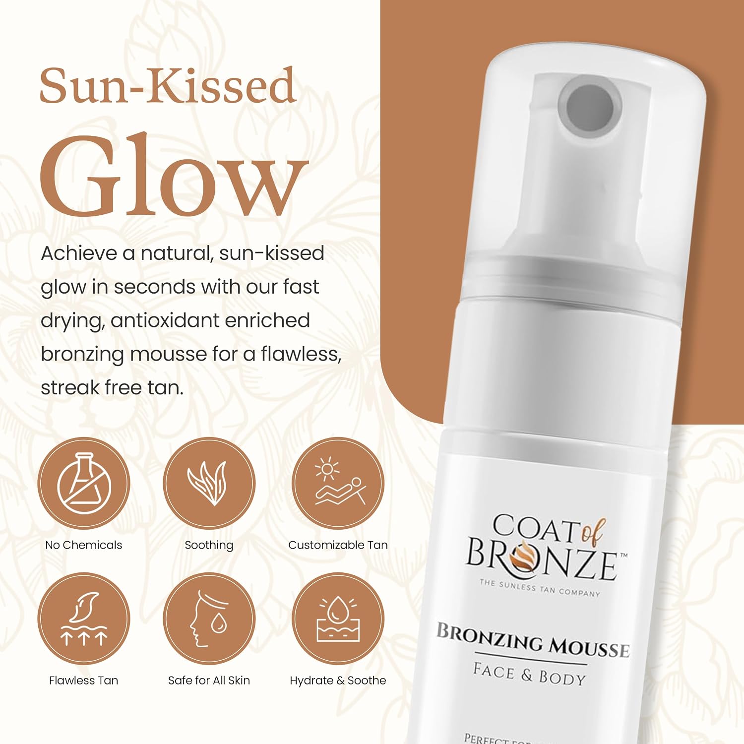 Coat of Bronze Instant Bronzing Mousse - Natural Sun-Kissed Glow, Fast-Drying Formula - Enriched with Antioxidants and Nourishing Oils - No Parabens, Cruelty Free - 4.2oz