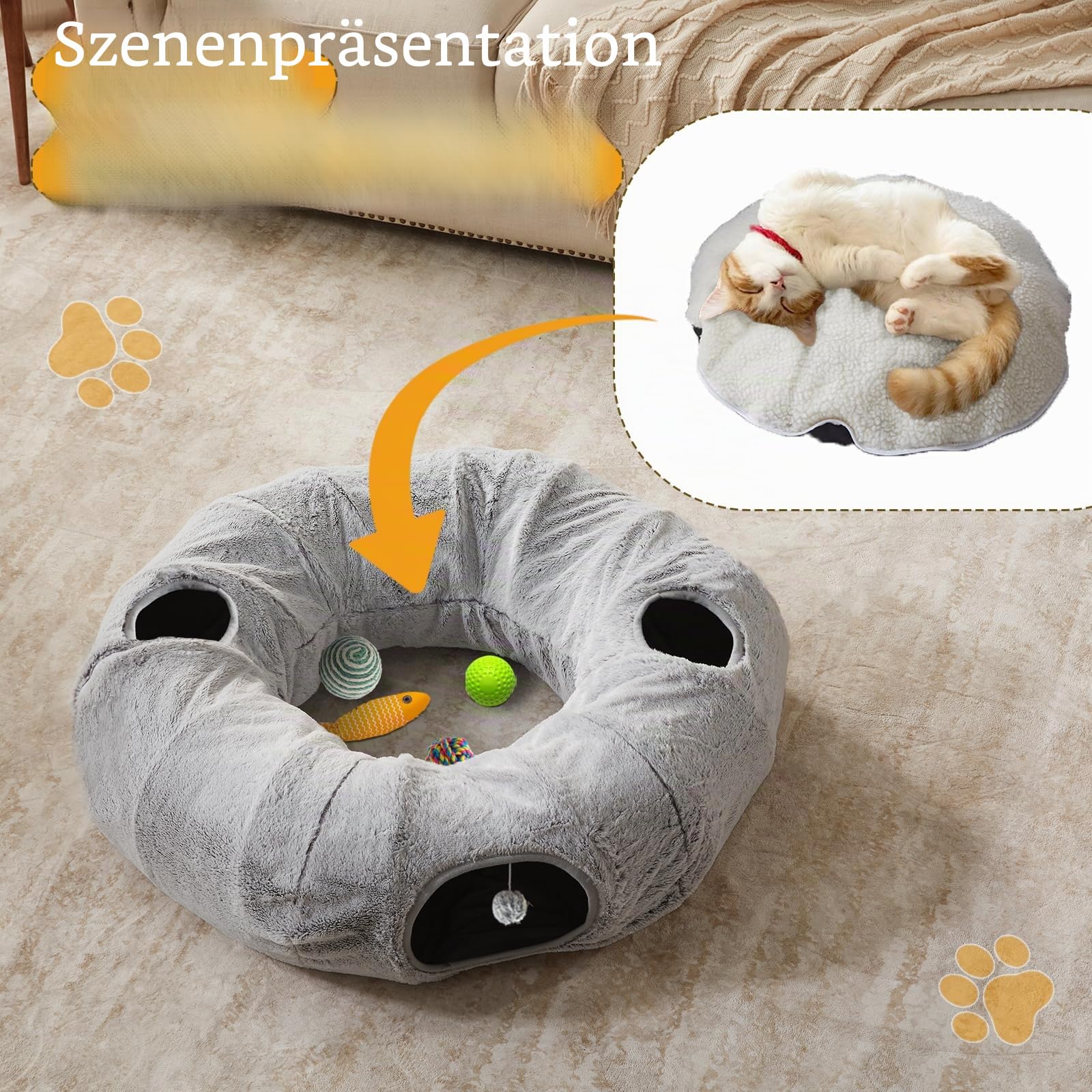 WINDRACING Katzentunnelbett für Indoor-Katzen - Niedlicher Katzen-Donut-Tunnel mit waschbarem Kreiskissen, rundes Haustier-Spielspielzeug für Kätzchen/Welpen/Kaninchen, Grau