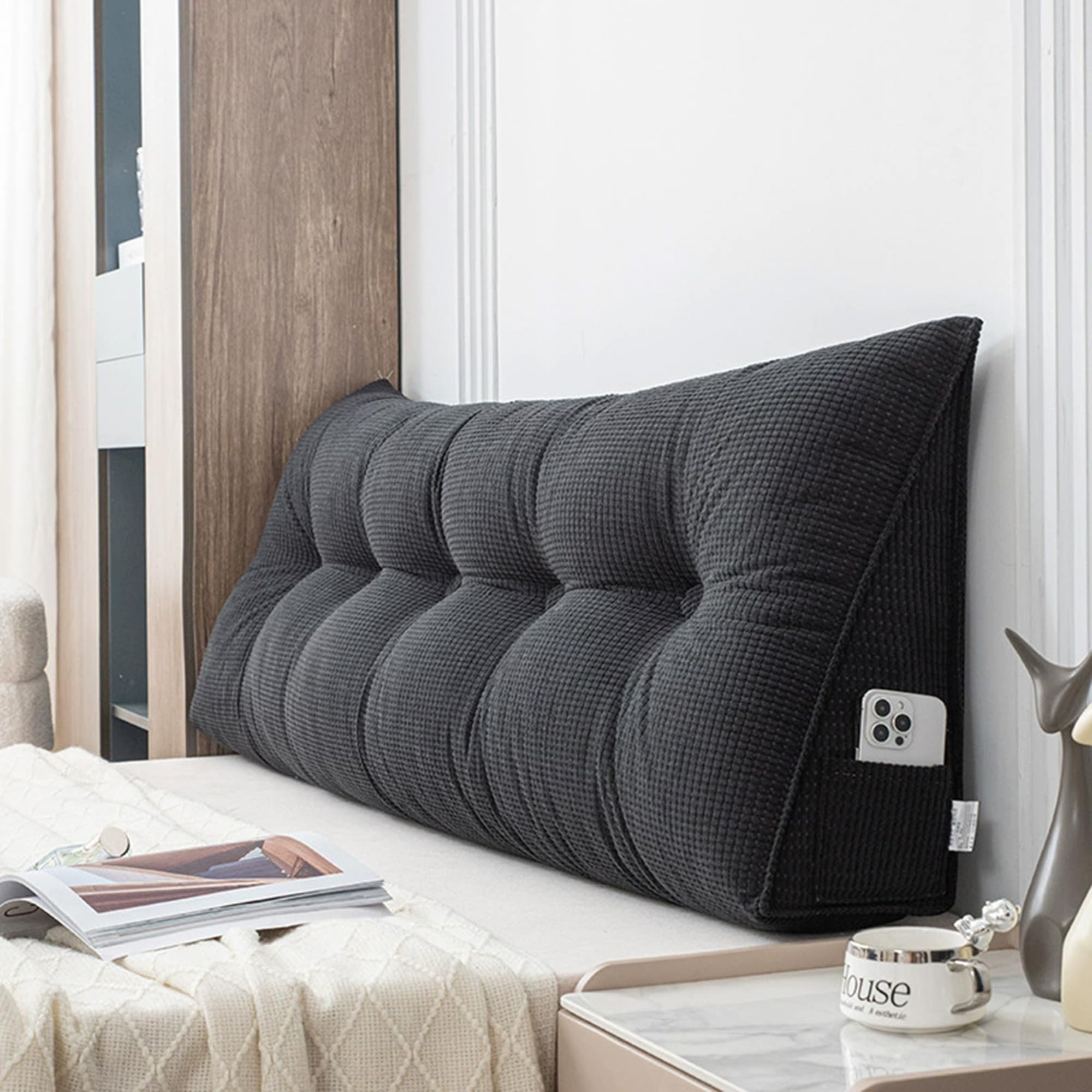 Hruile Wedge Reading Cushion for Bed, Large Headboards Pillow, Bed Backrest Positioning Support Pillow with Zipper, Back Lumbar Support Cushion for Relaxing Reading (60x50x20cm,Black)