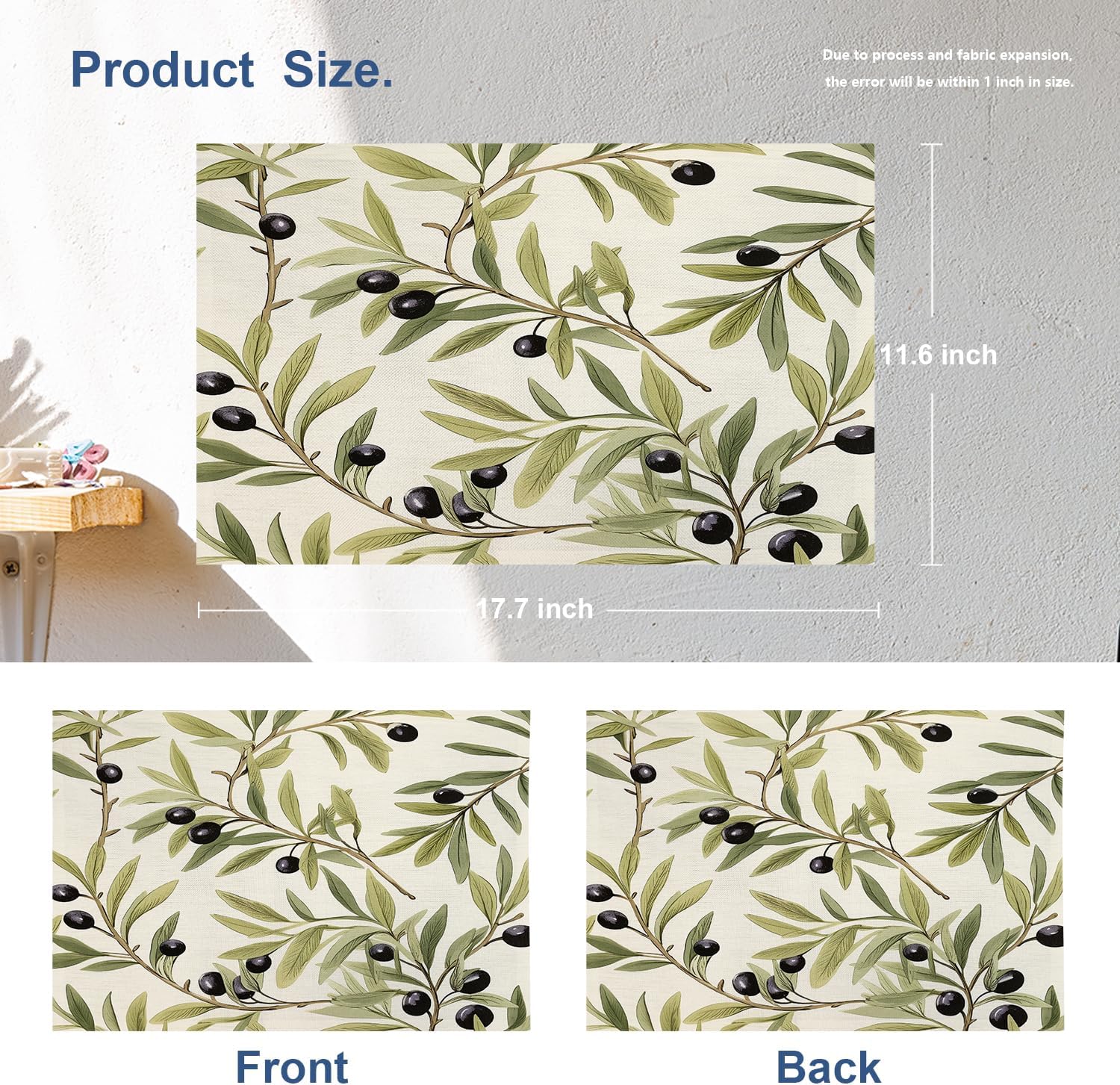 Batmerry Olive Branches Placemats, Leafy Olive Pattern Washable Linen Table Mats for Kitchen Table Double Insulation Decor Dining Set Indoor Outdoor 12X18 in Set of 4