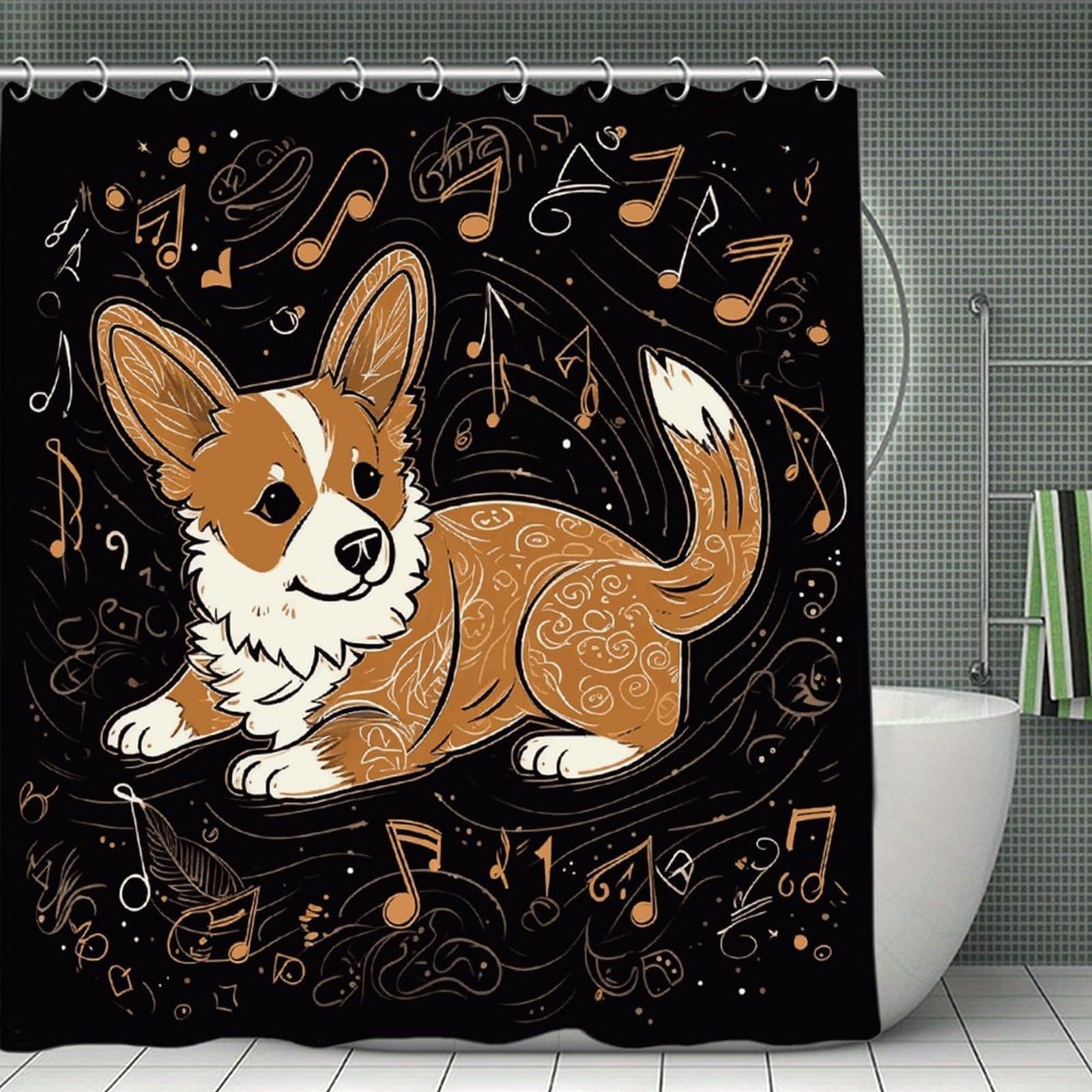JTREHY Corgi Who Loves Music Shower Curtain Waterproof Bathroom Shower Curtain Machine Washable Bath Curtains Polyester Cloth Bath Curtains for Bathroom Showers 70.8×70.8Inch