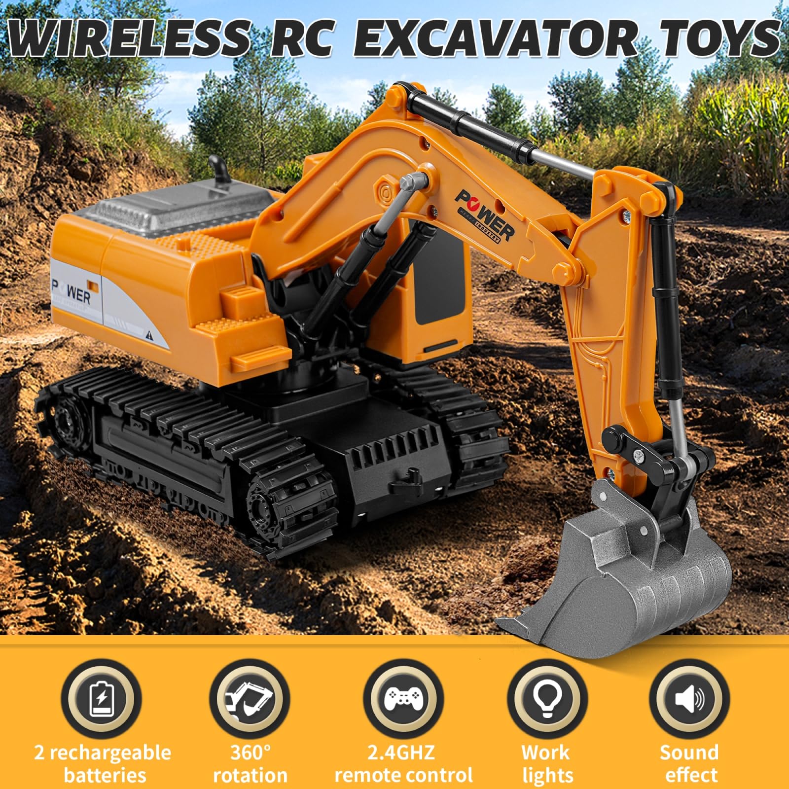 Excavatrice RC Jouet pour garçons,véhicules de Construction télécommandés,Pelle hydraulique pour Enfants,Camion d'ingénierie avec 2 Batteries Rechargeables,Pelle en métal,lumières/Sons