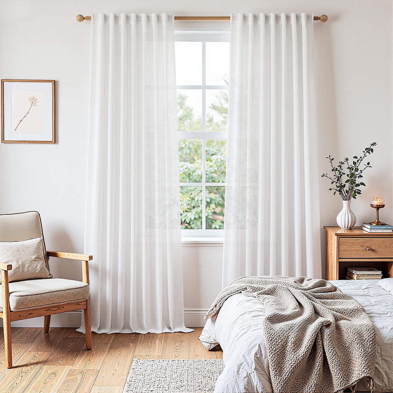 MRTREES Rideau Voilage Blanc Effet Lin Voile Semi-Transparent Rideaux Voilages Porte Fenetre Intérieurs Passe Tringle pour Salon Chambre Salle à Manger Baie Vitrée, Lot de 2, 140x250 cm
