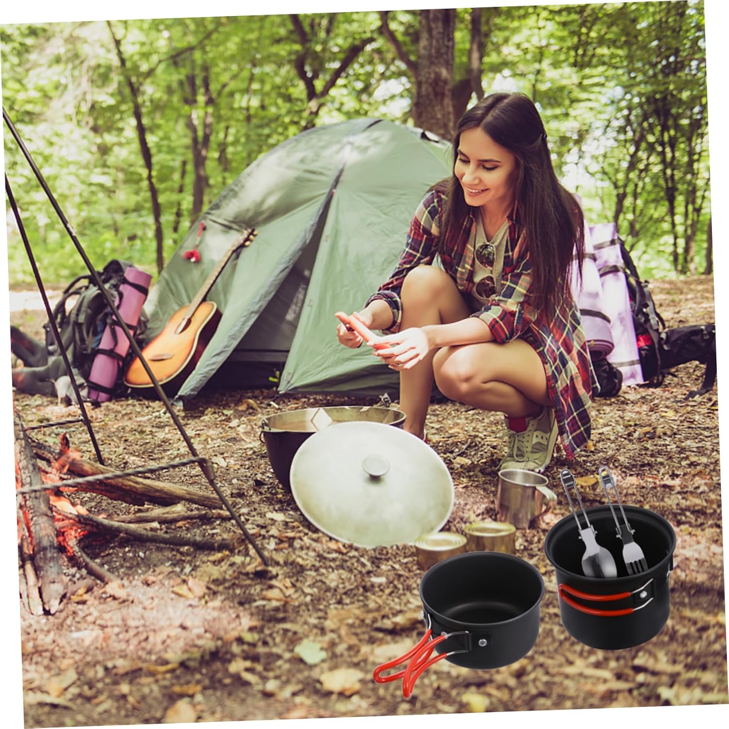 GALPADA 1 Set Portable Camping Cookware Travel Kit for Outdoor Cooking Includes Non Stick Cutlery and Picnic Bowls for Hiking and Picnics for People