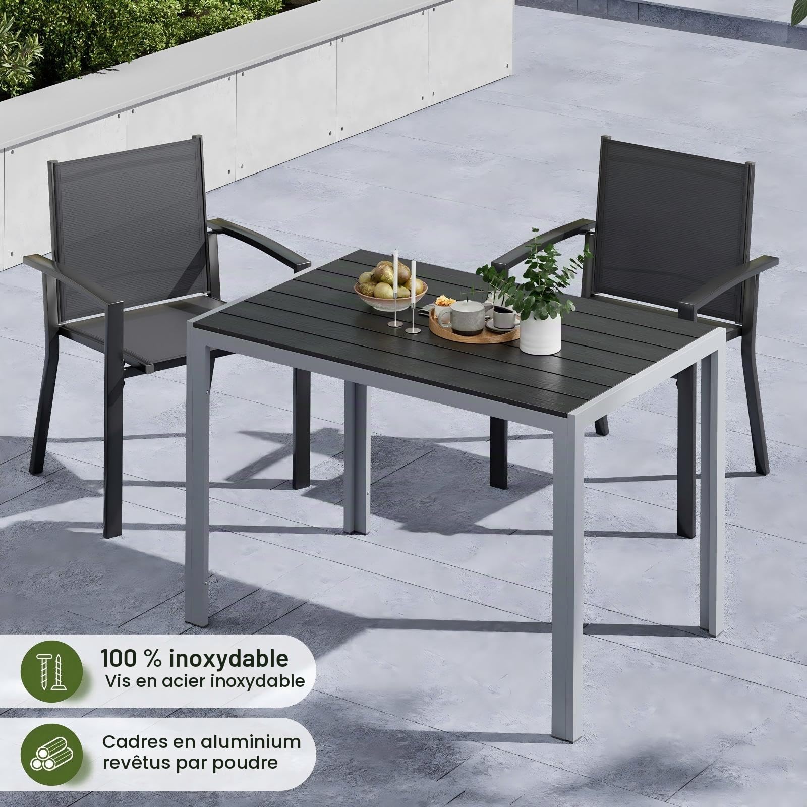 UDPATIO Table à Manger Extérieur 110x70 cm, Table de Jardin en WPC avec Cadre en Aluminium pour 4-6 Personnes, Table de Terrasse Résistante aux Intempéries, Effet Bois Élégant, Argenté + Gris Foncé